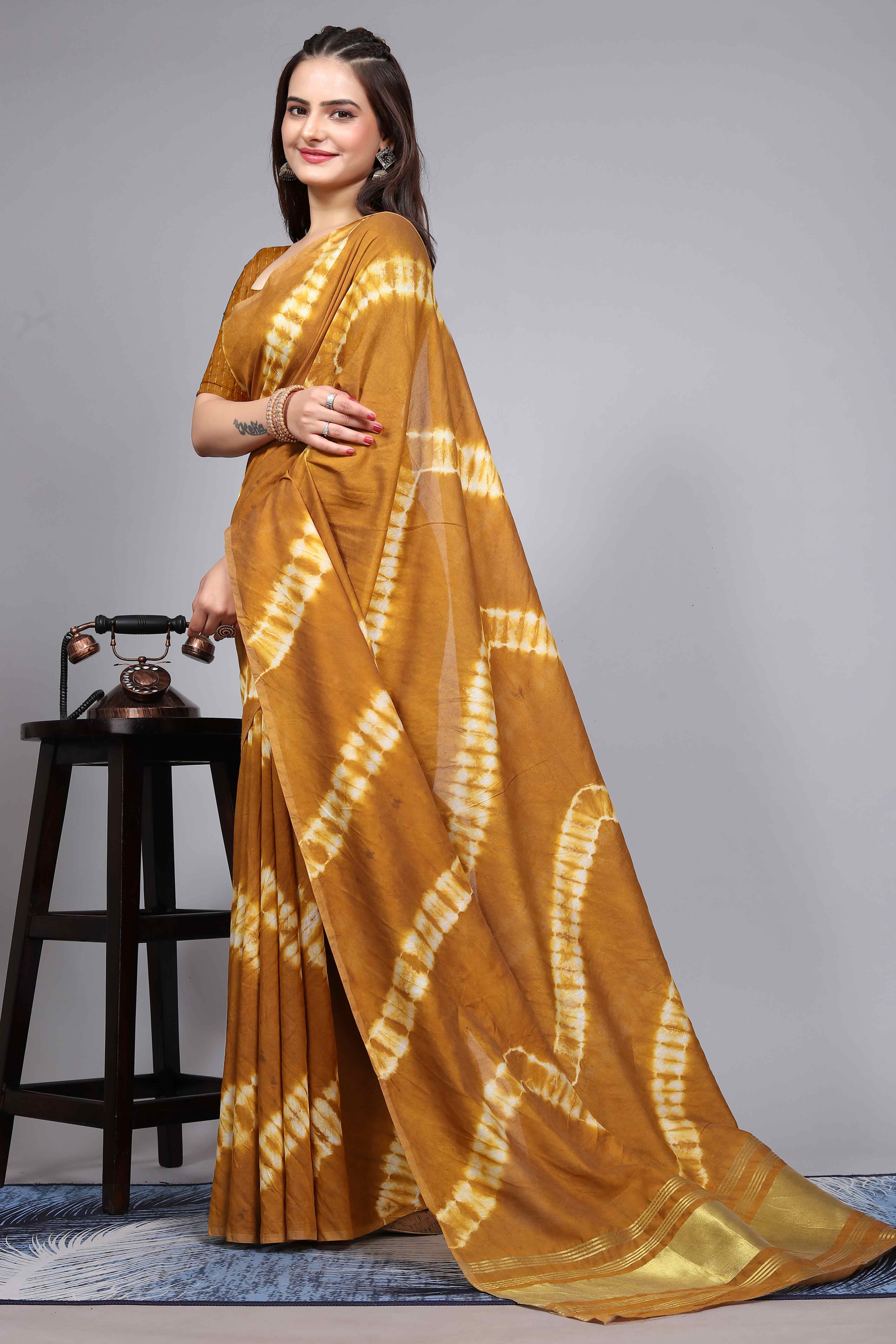 Mustard Shibori Leheriya Printed Chanderi Cotton Silk Lagdi Patta Saree