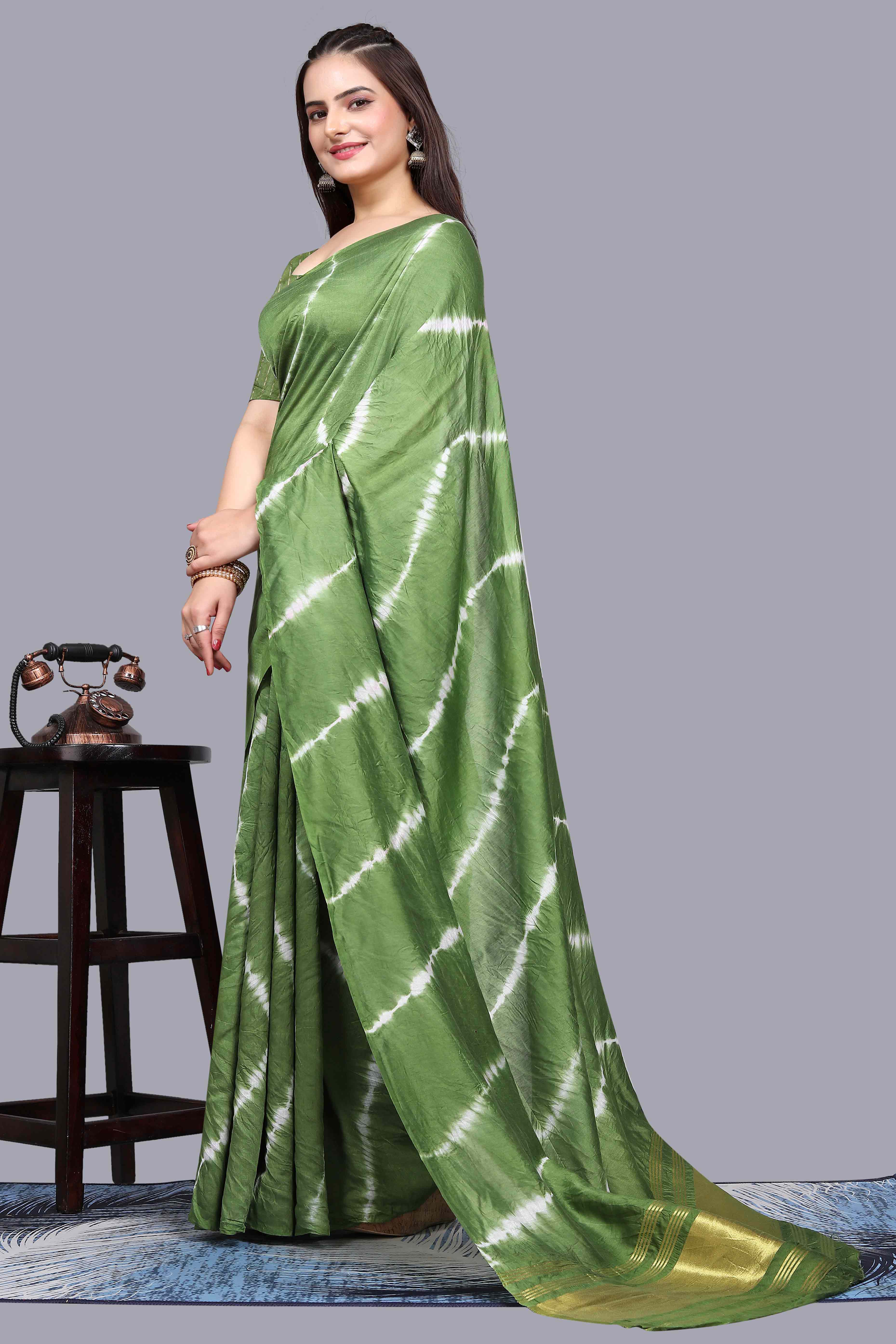Green Leheriya Printed Chanderi Cotton Silk Lagdi Patta Saree