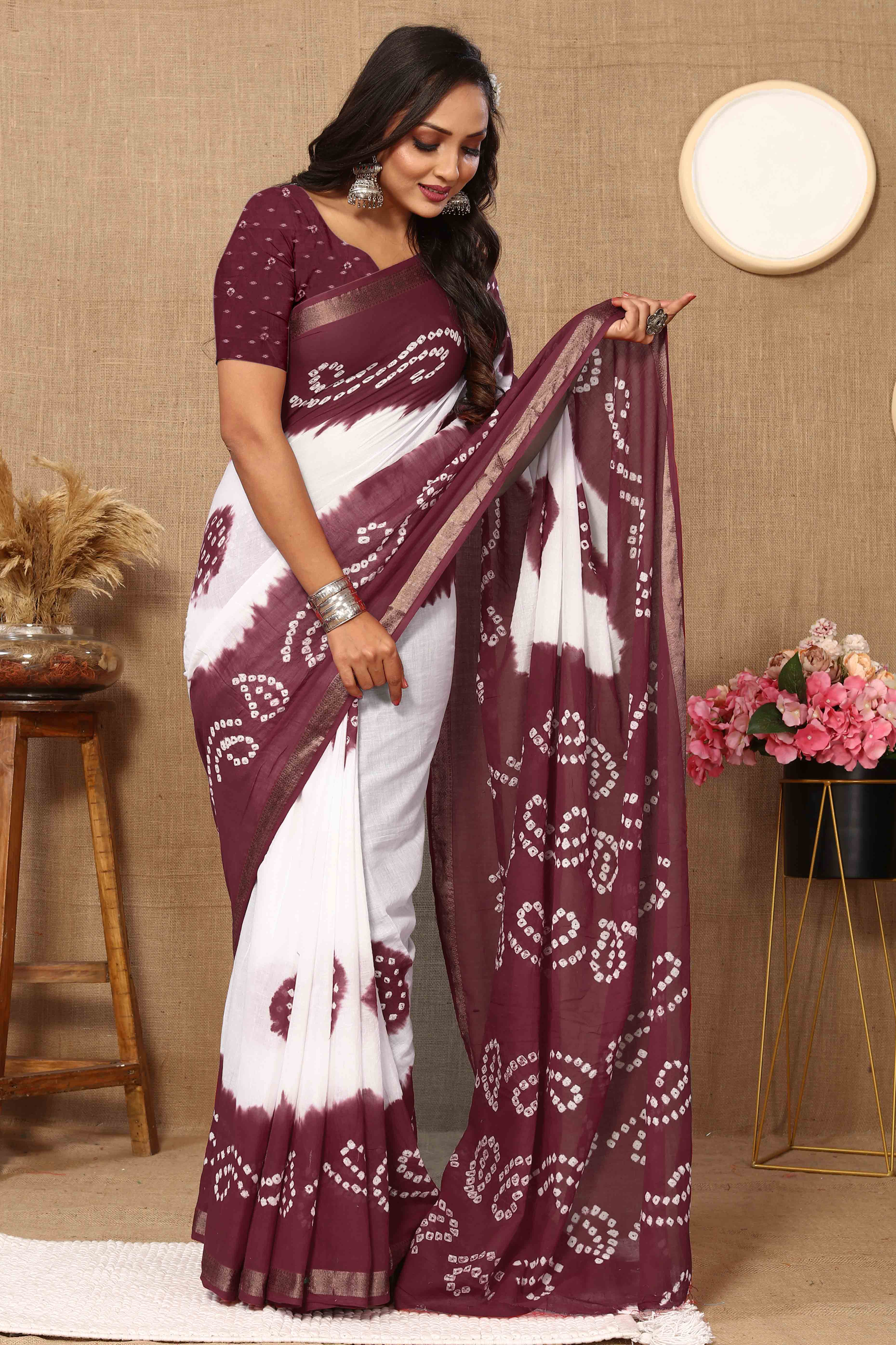 Burgundy & White Bandhani Printed Mul Mul Pure Cotton Saree