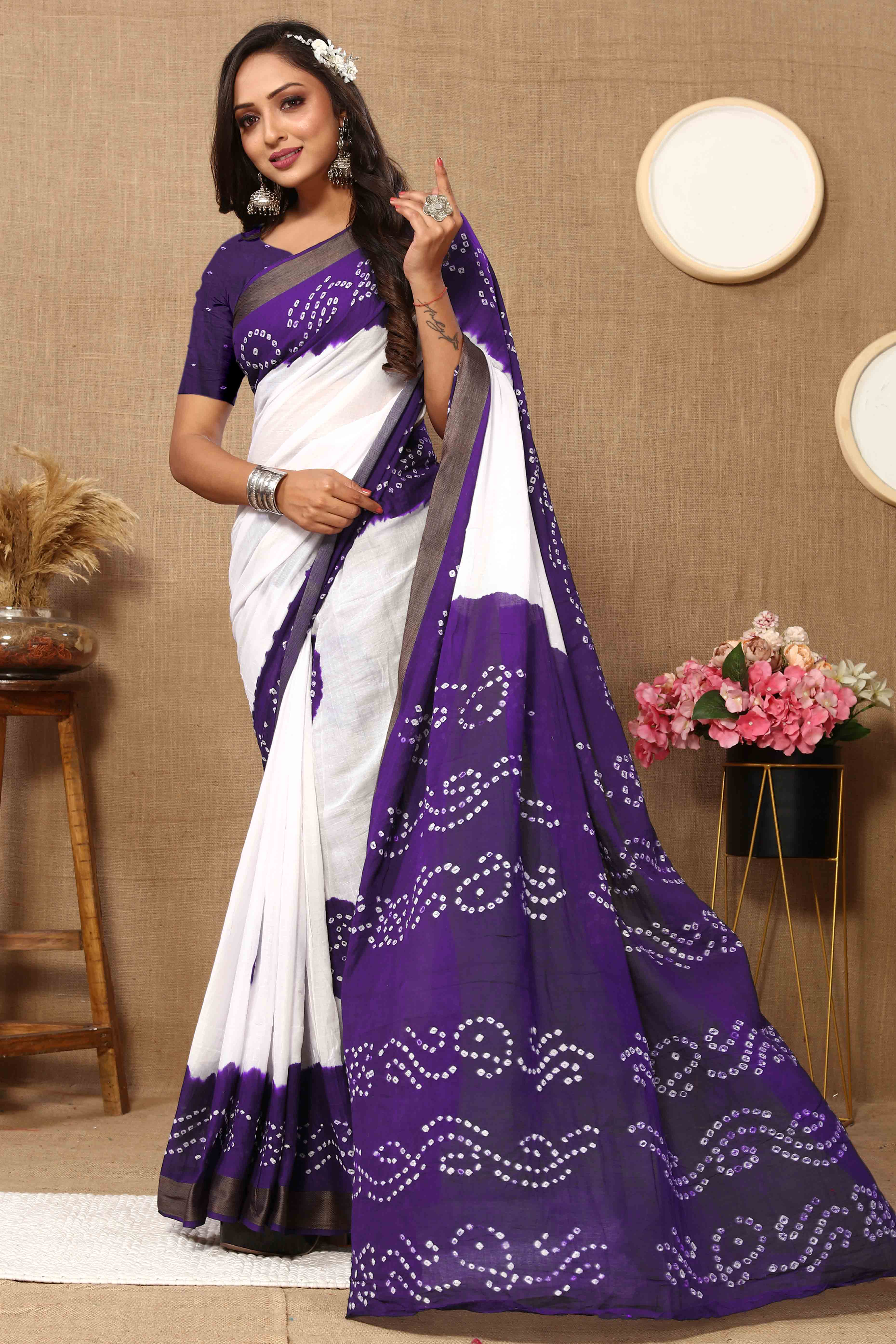 Purple & White Bandhani Printed Mul Mul Pure Cotton Saree