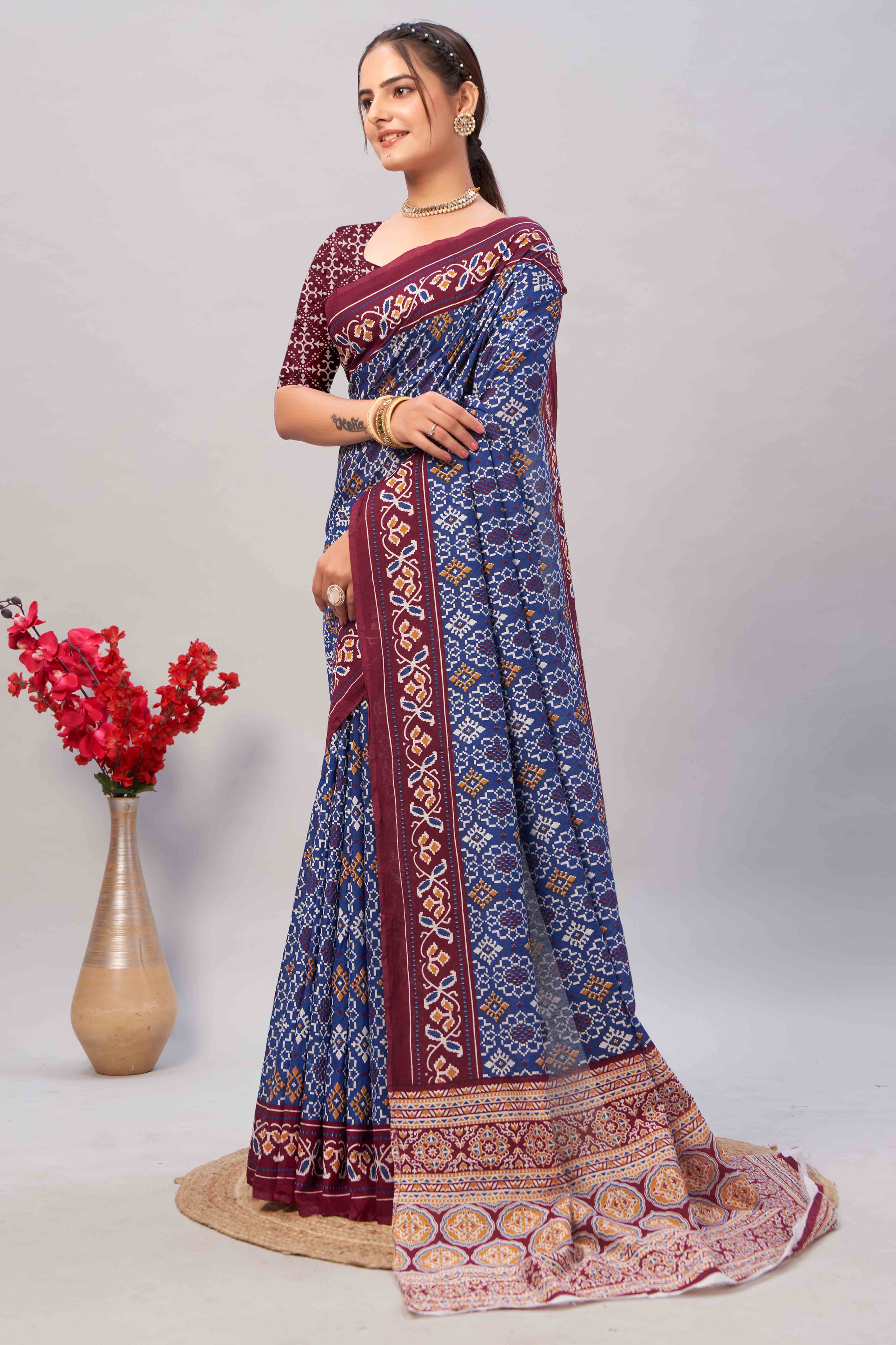 Blue Ajrakh Printed Cotton Blend Saree