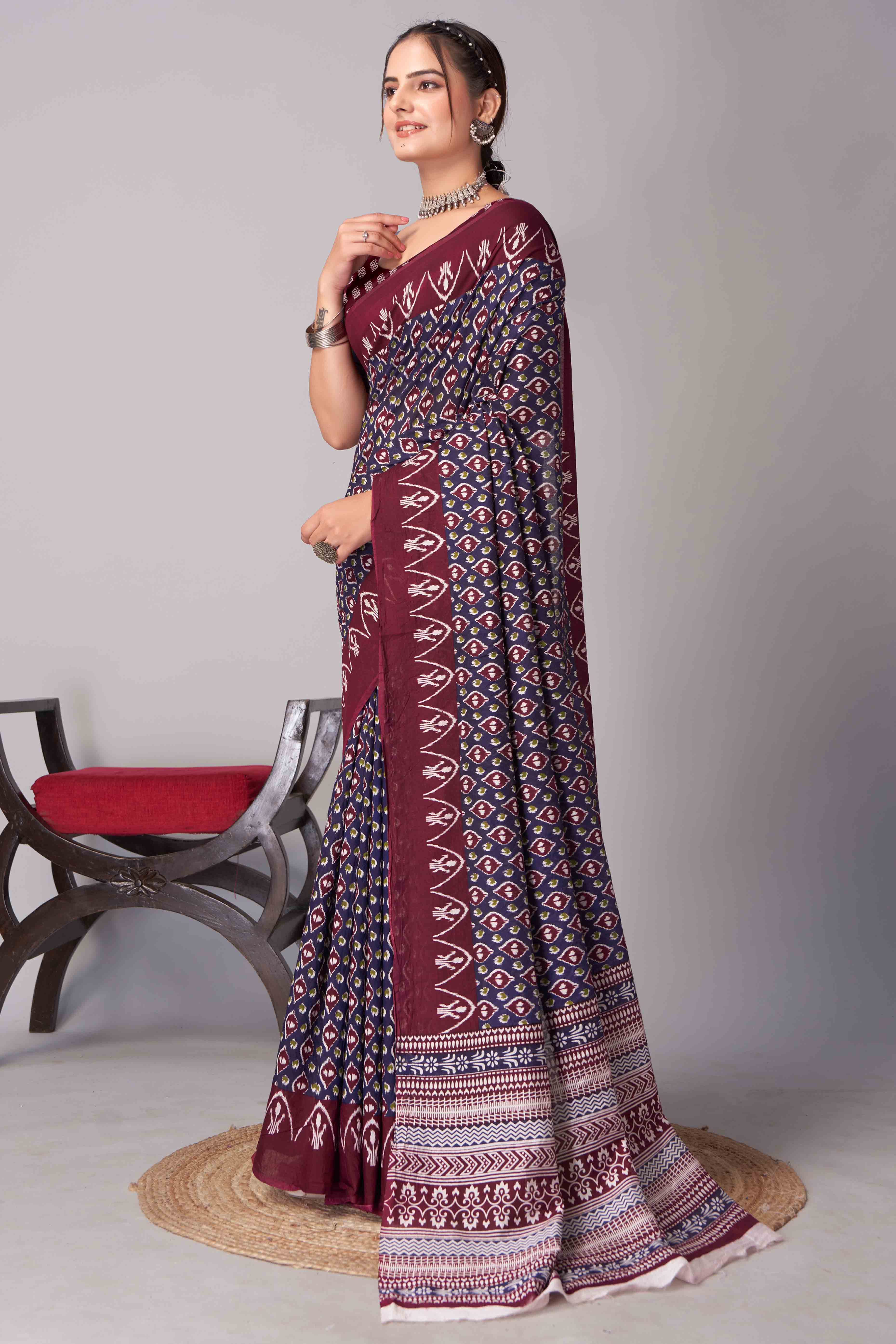 Blue & Maroon Ajrakh Printed Cotton Blend Saree