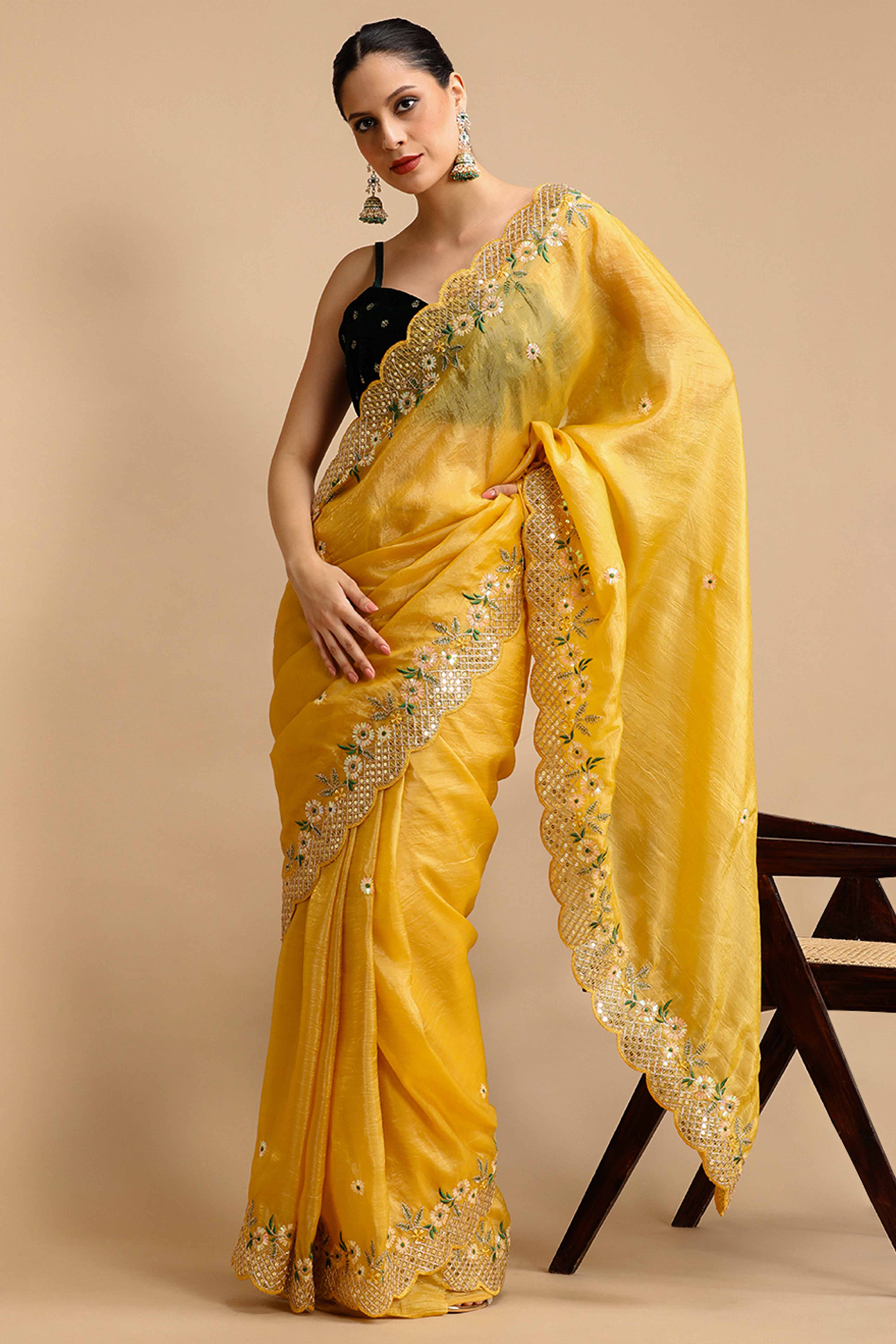 Mustard Floral Design Art Silk Saree with Glittering Sequins Embroidery