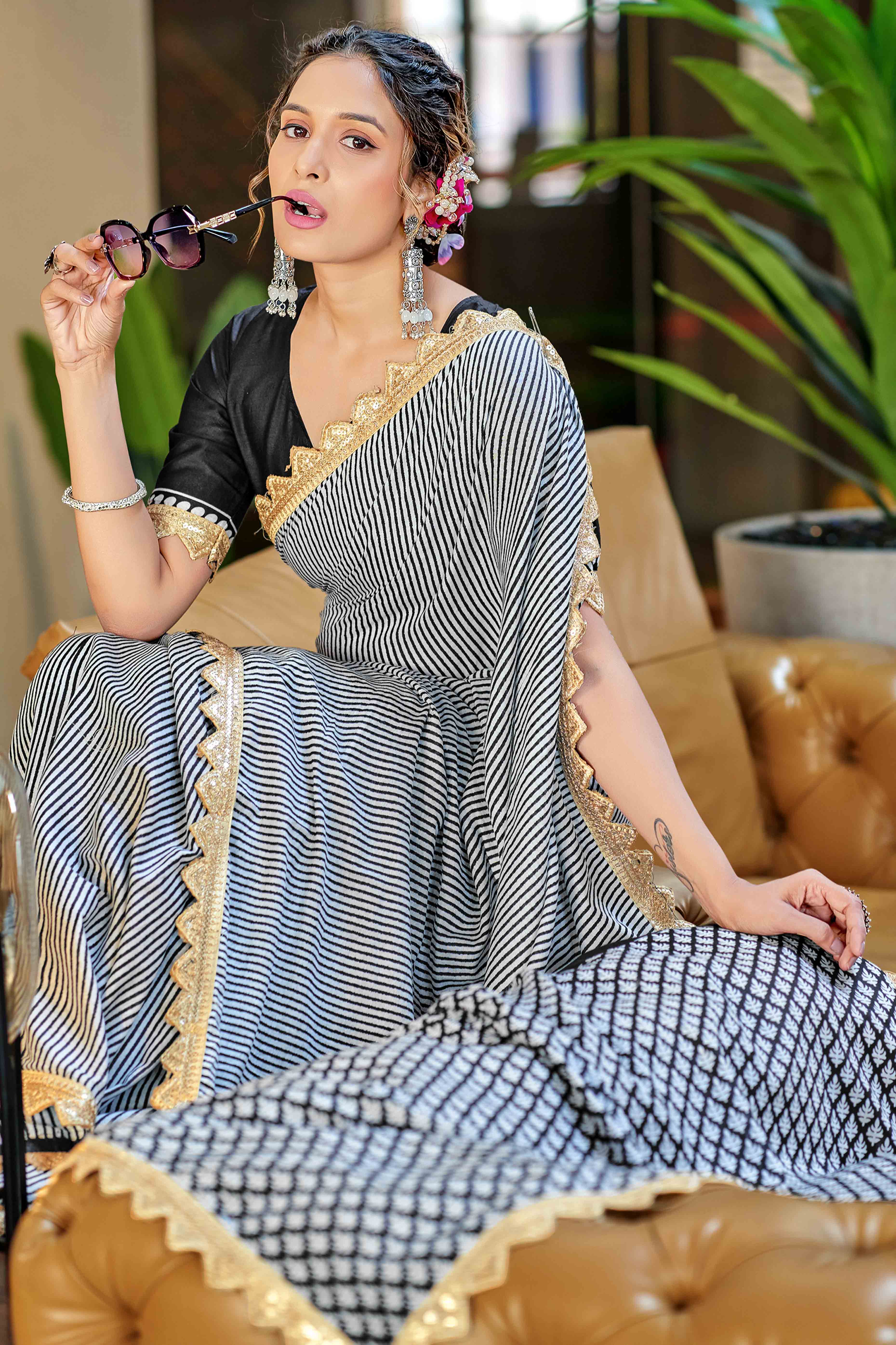 Office-Ready Black & White Mulmul Saree with Print and Embroidery Border