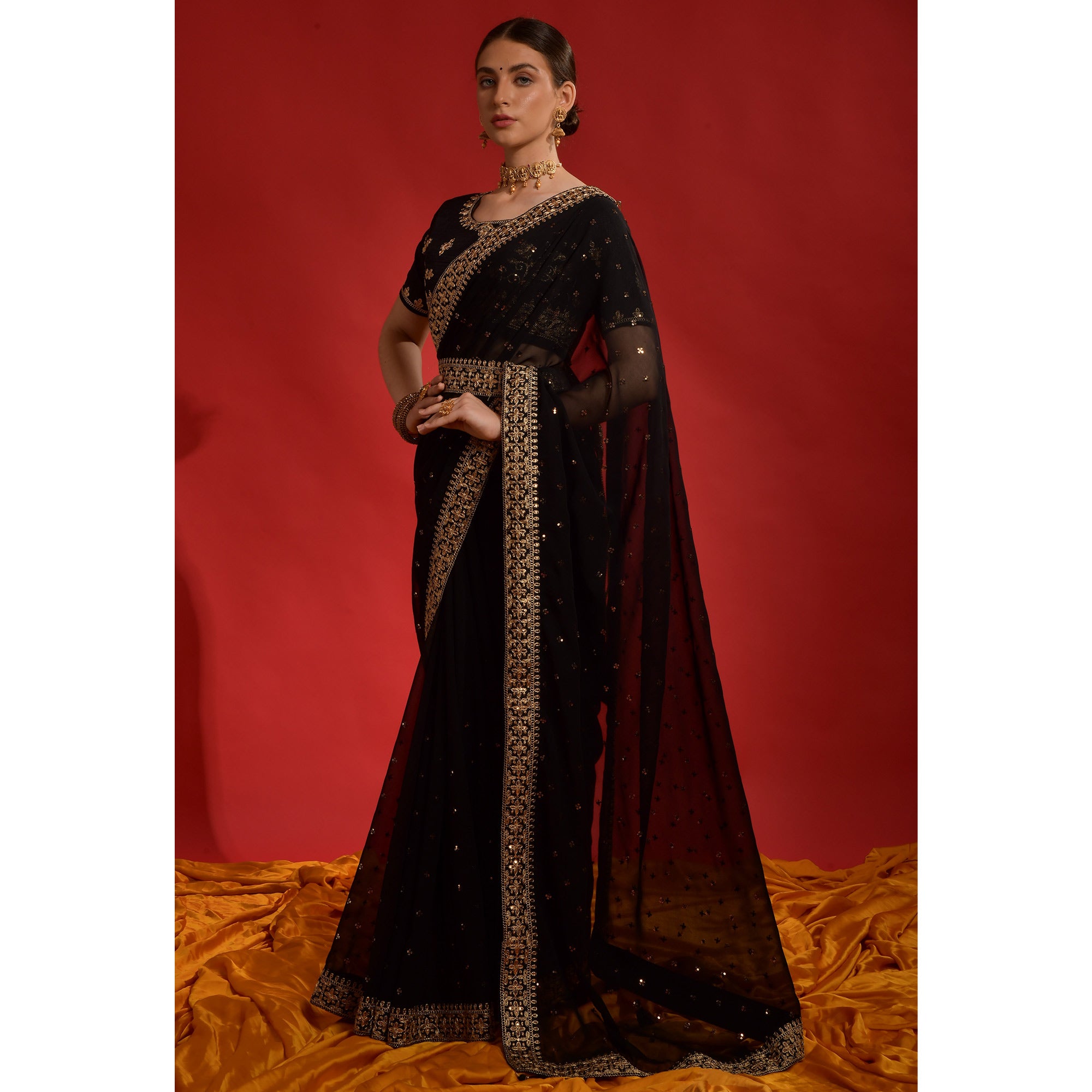 Black Sequins Embroidered Georgette Saree