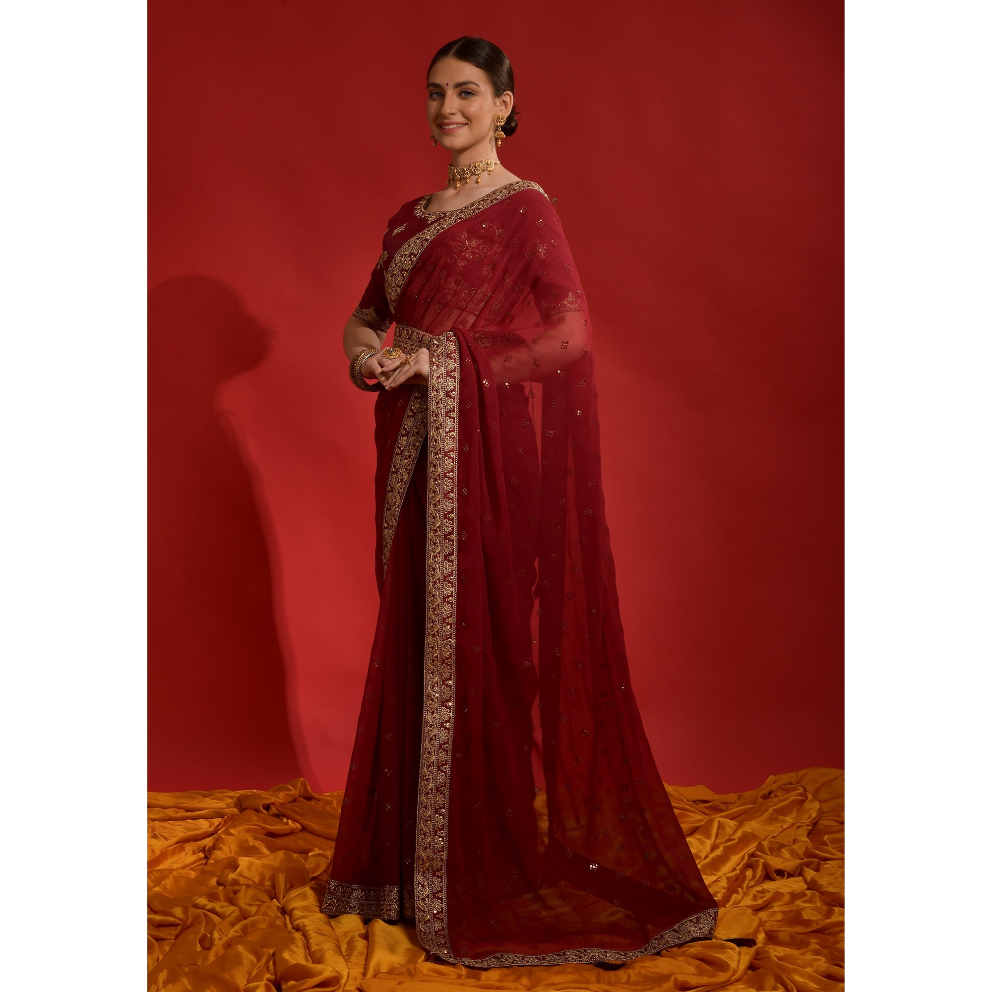 Maroon Sequins Embroidered Georgette Saree