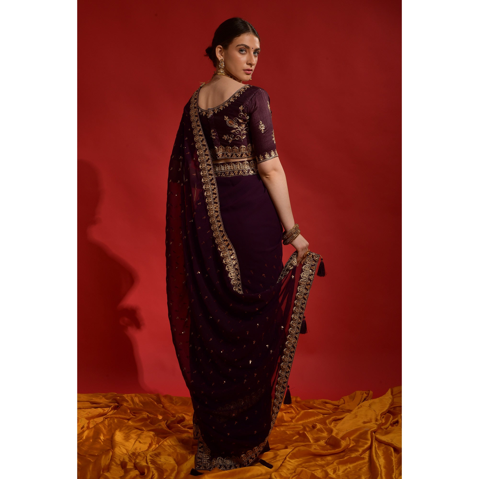 Wine Sequins Embroidered Georgette Saree