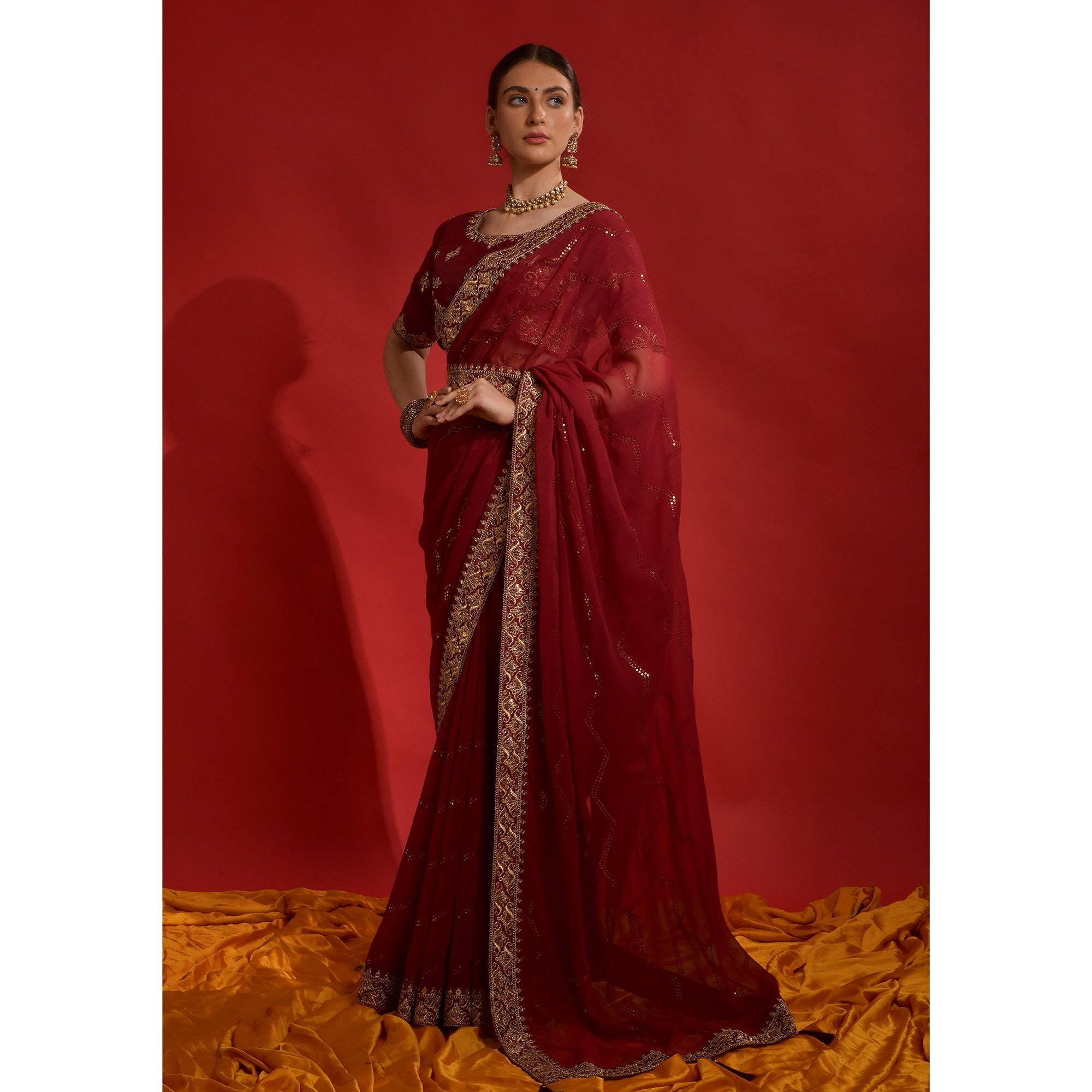 Maroon Sequins Embroidered Georgette Saree