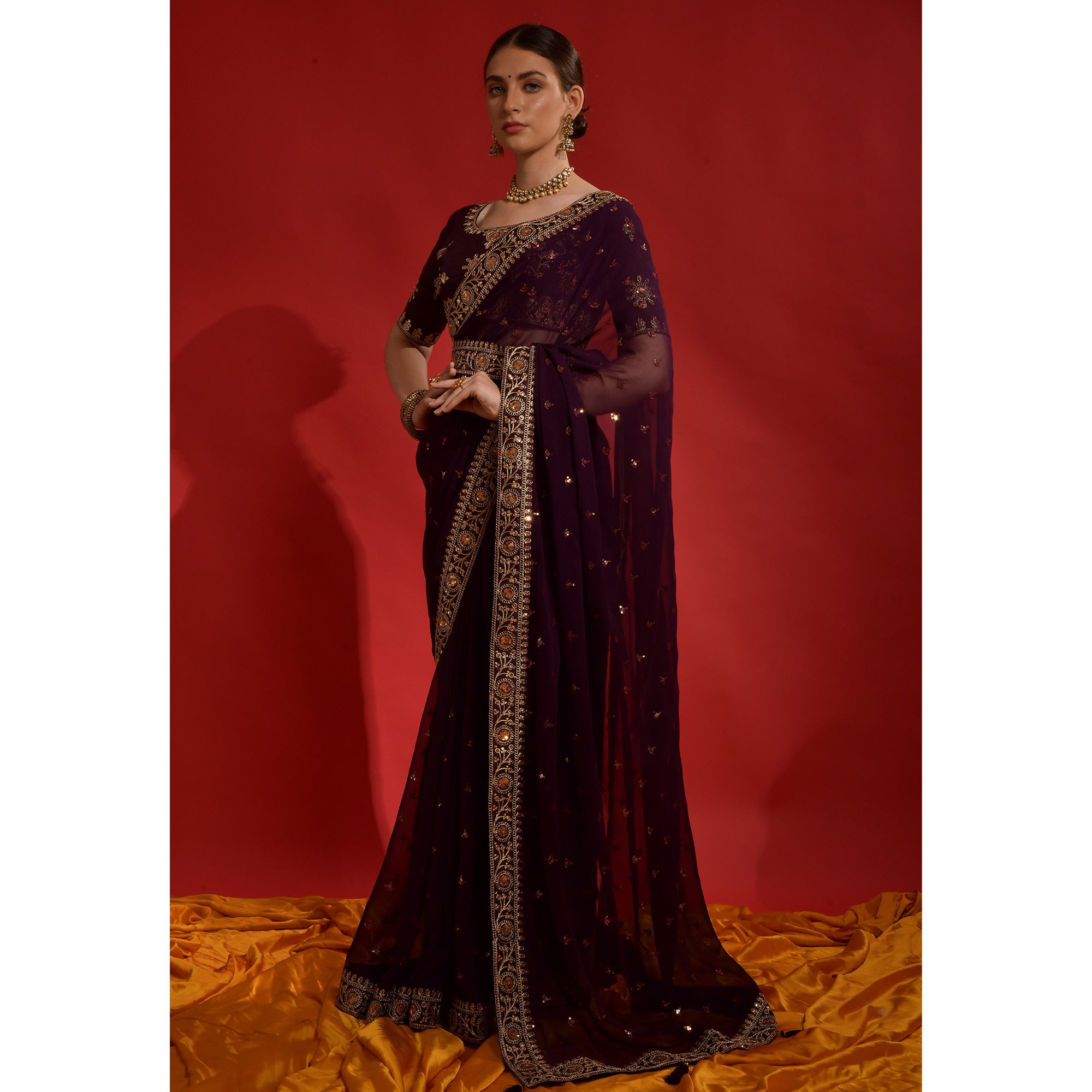 Wine Sequins Embroidered Georgette Saree