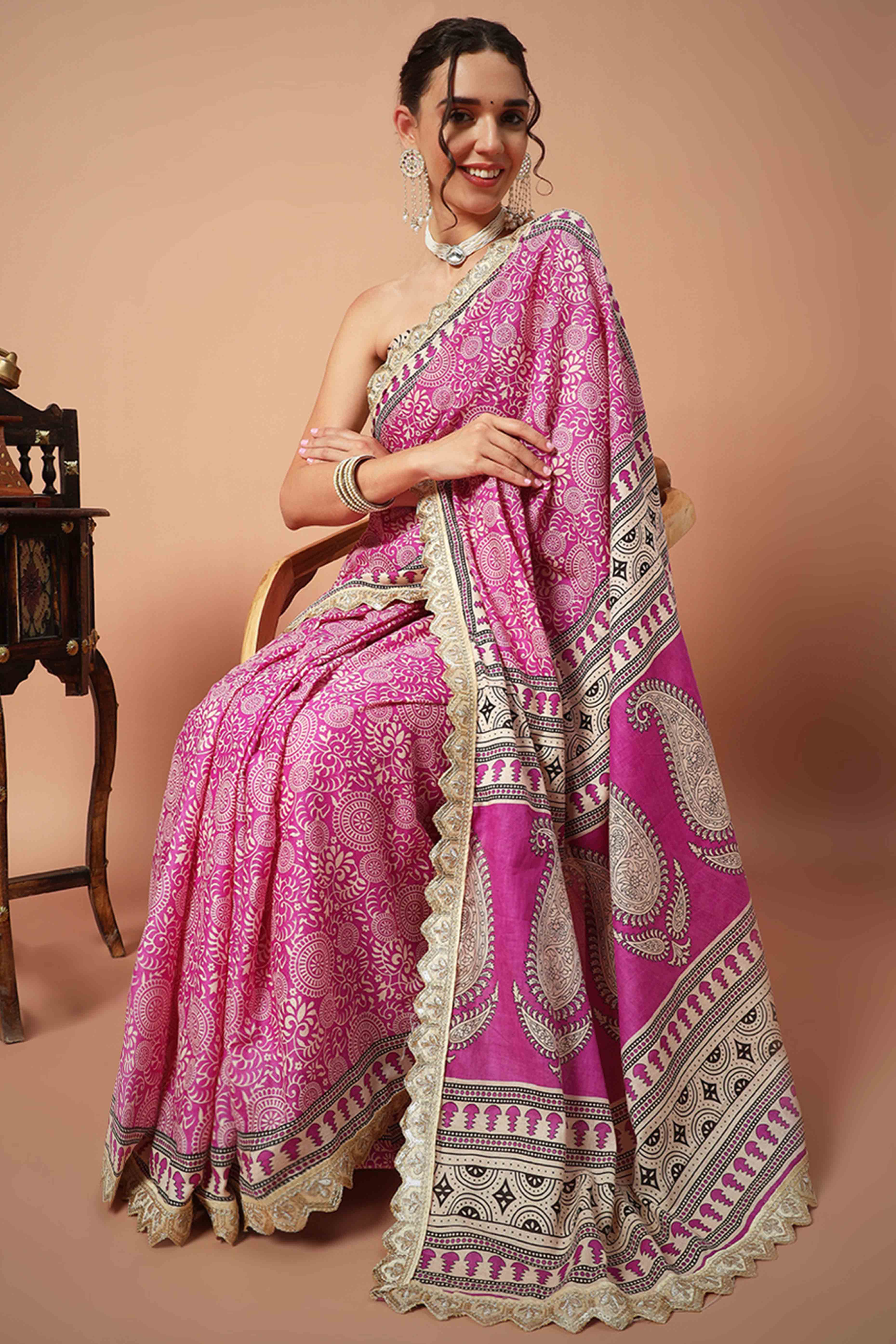 Cream Mulmul Cotton Saree with Traditional Ajrakh Block Prints