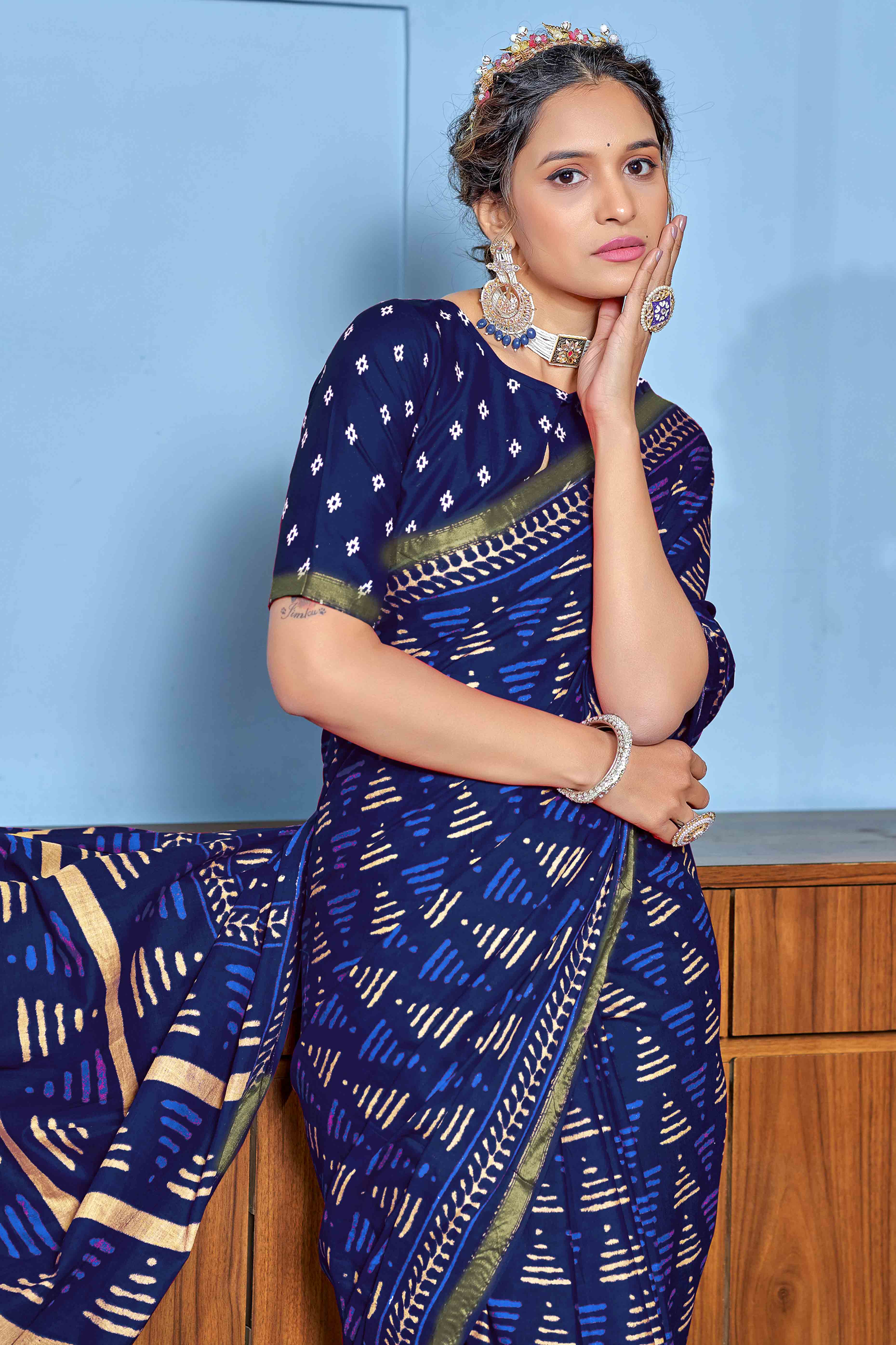 Navy Blue Pure Mulmul Saree with Modern Geometric Design