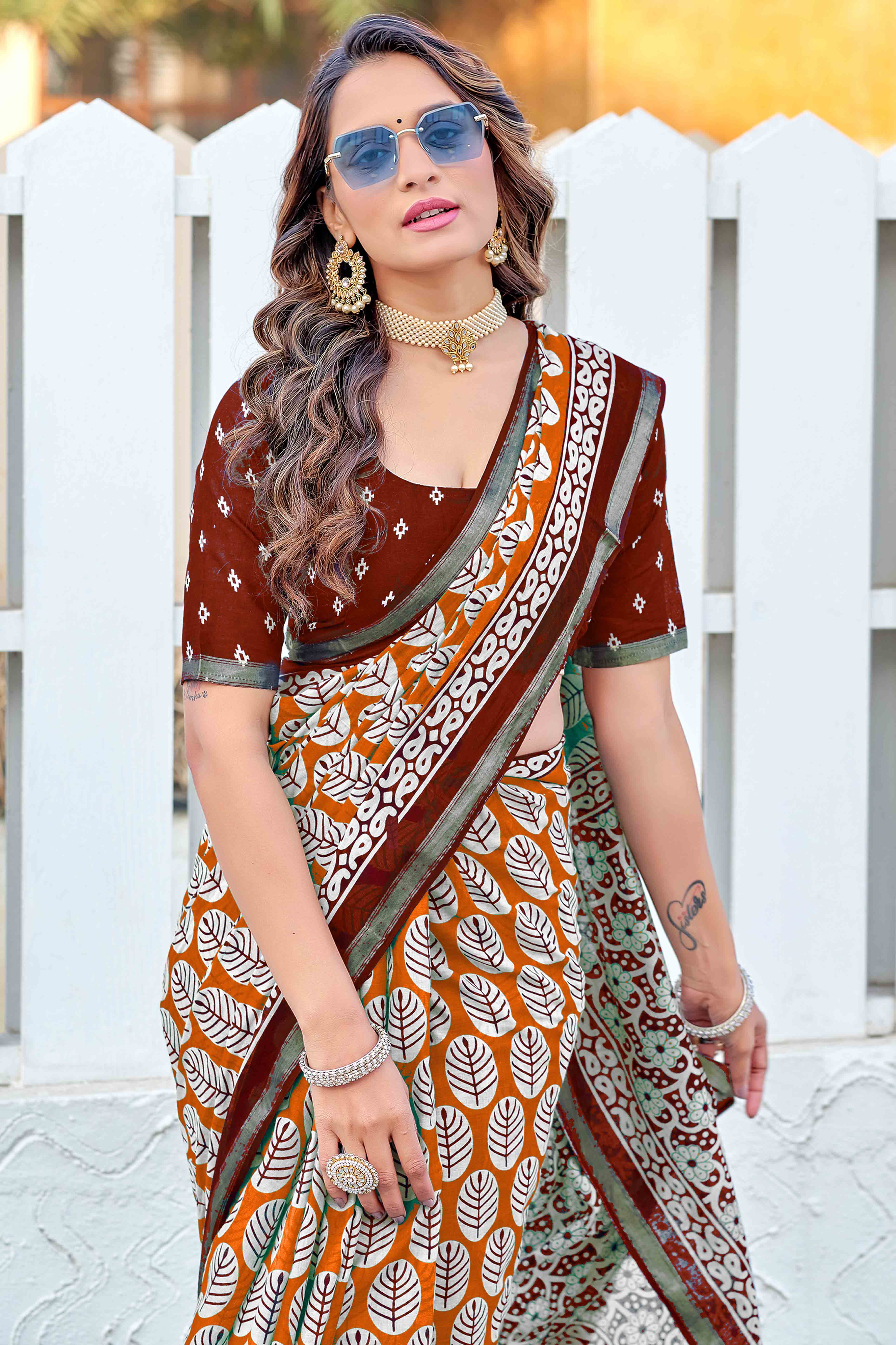 Vibrant Orange Floral Print In Mulmul Cotton Saree