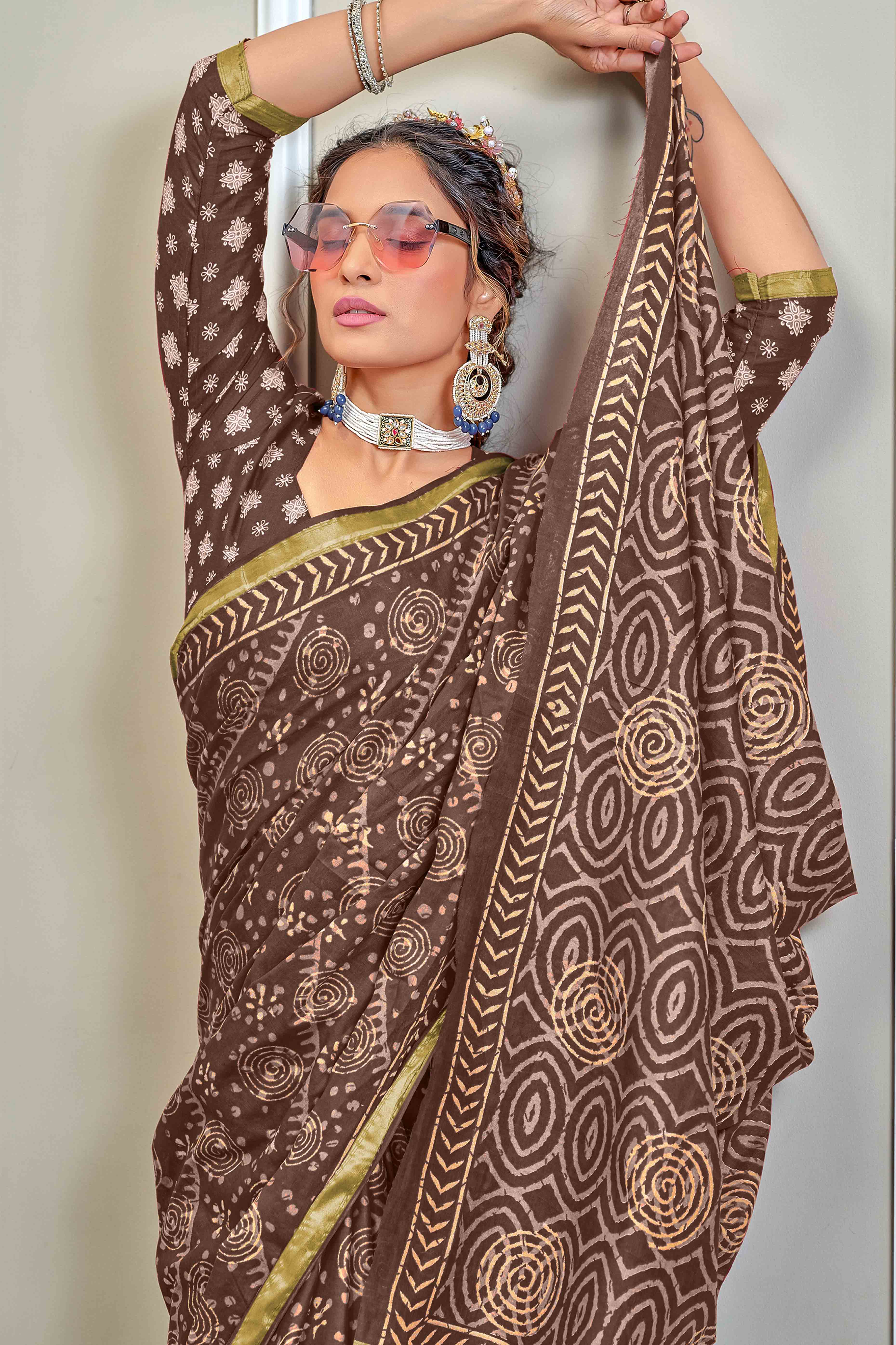 Coffee Brown Abstract Print Printed Pure Mulmul Cotton Saree
