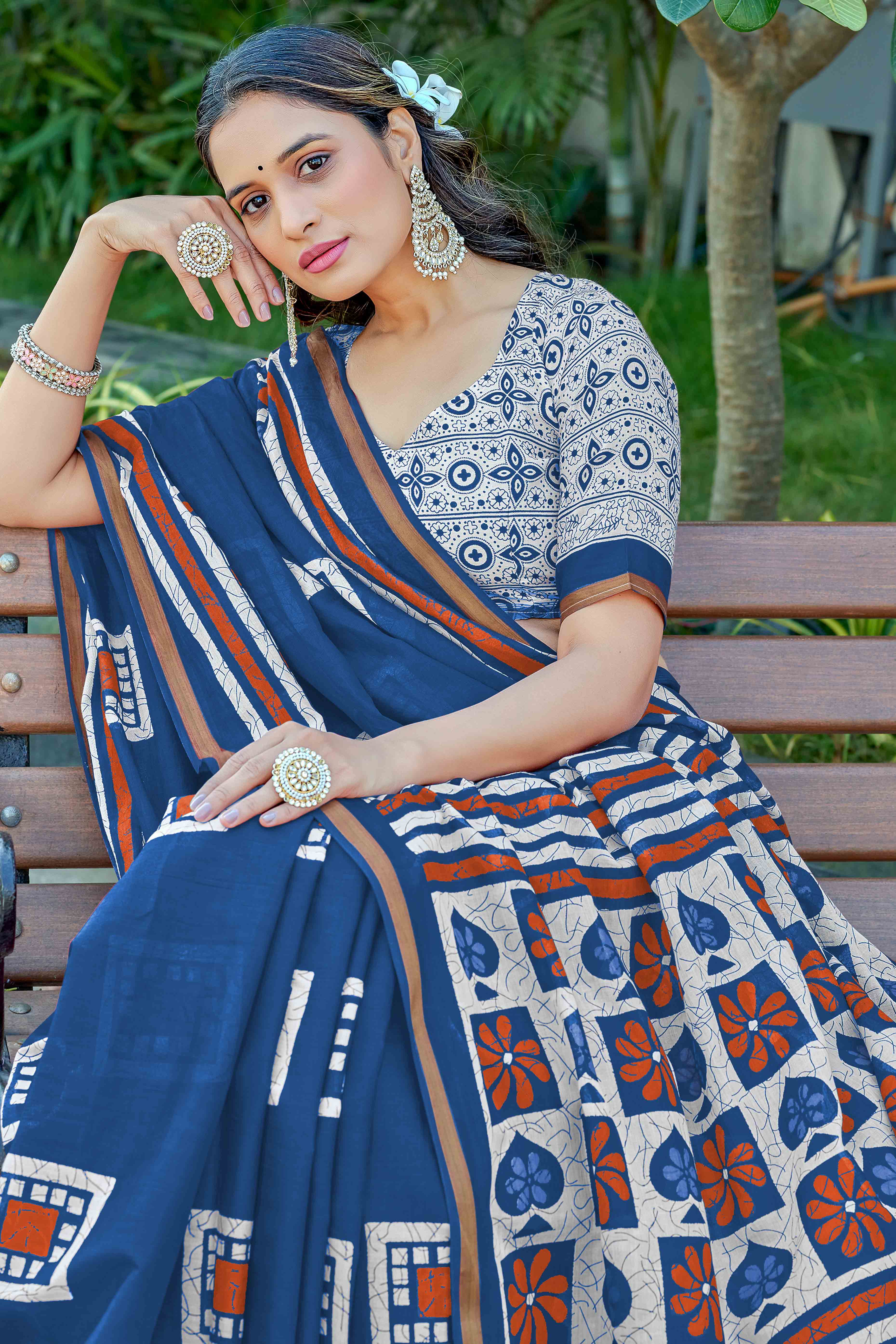 Blue Geometric Printed Pure Mulmul Cotton Saree