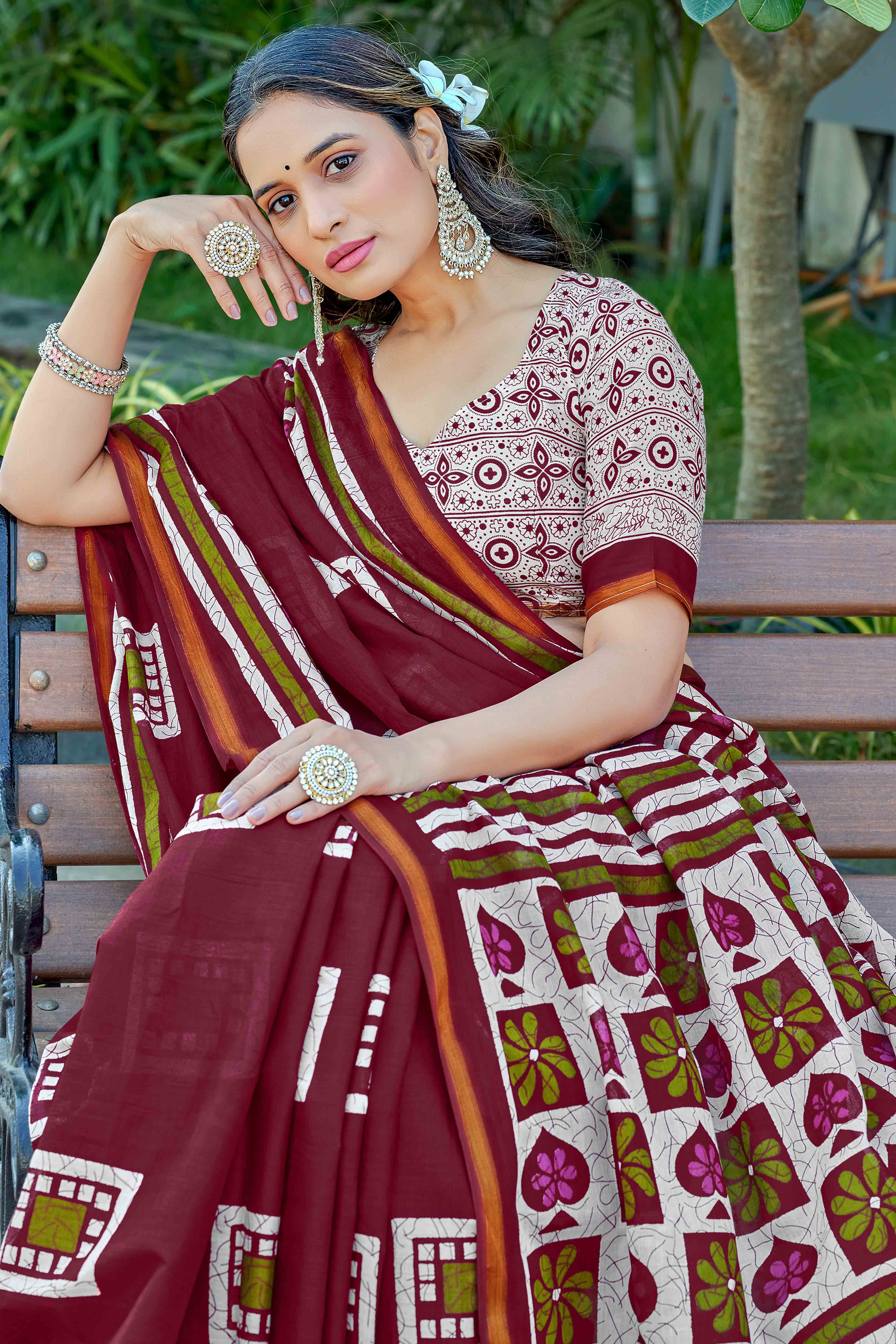 Maroon Geometric Printed Pure Mulmul Cotton Saree