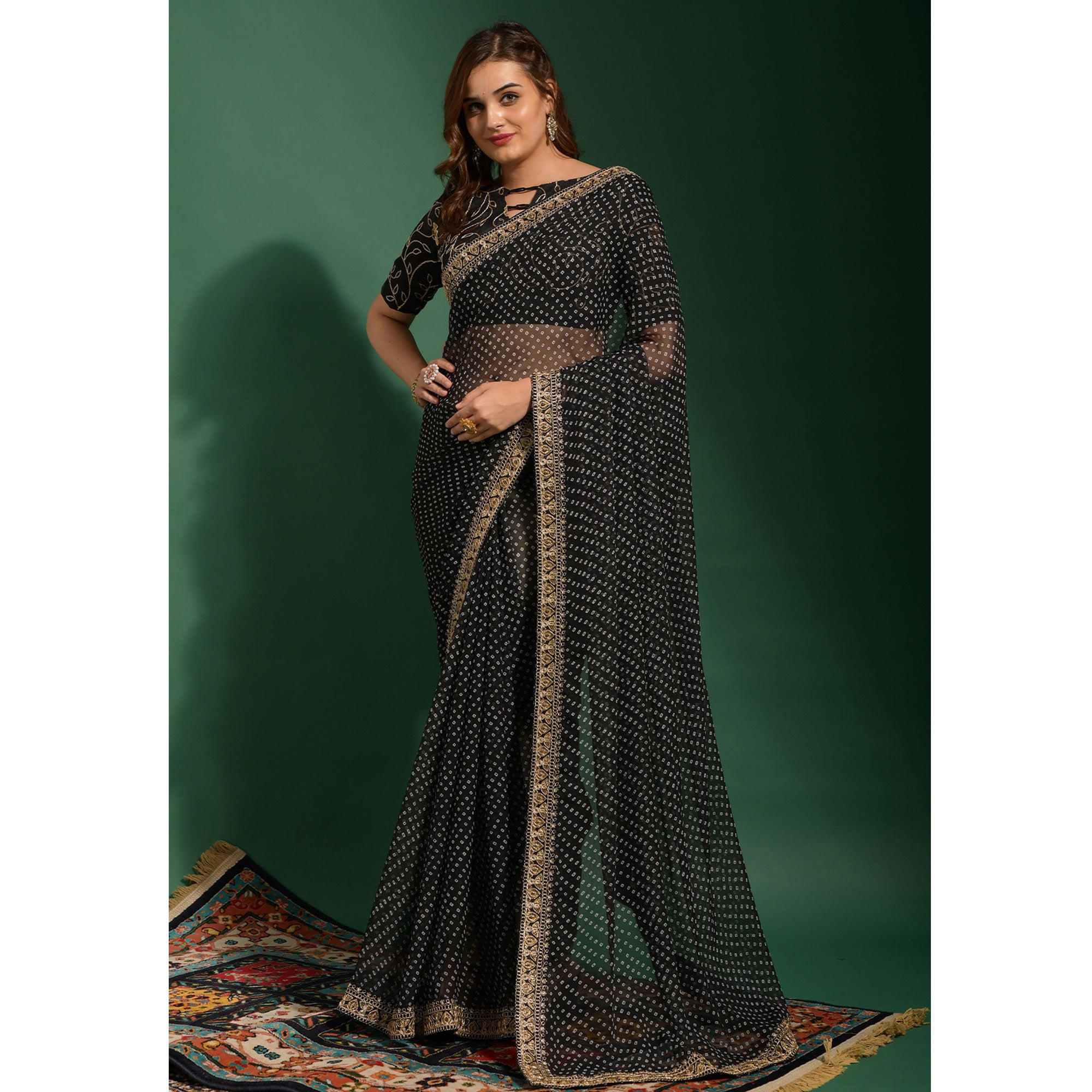 Black Bandhani Printed Georgette Saree With Embroidered Border