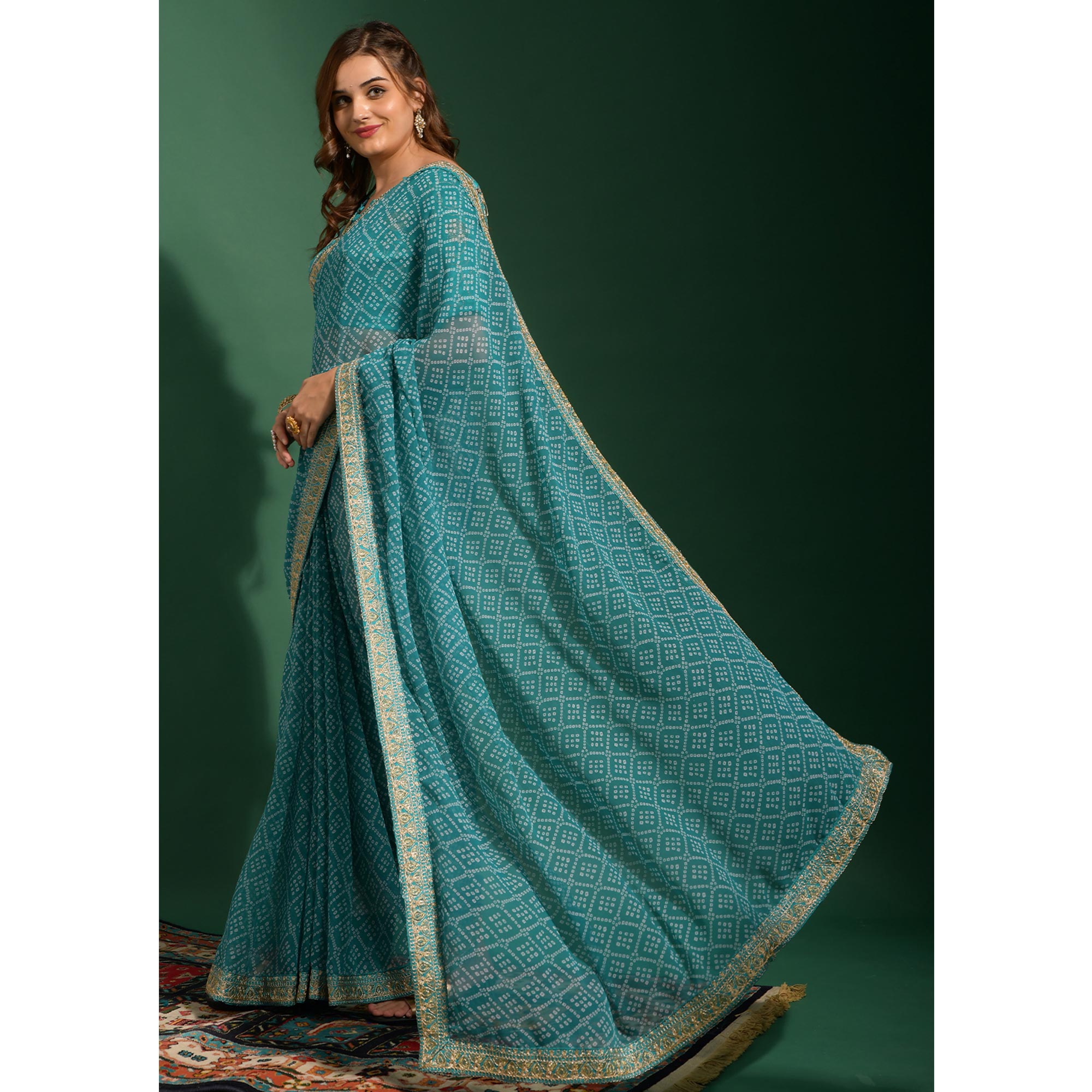 Rama Green Bandhani Printed Georgette Saree With Embroidered Border