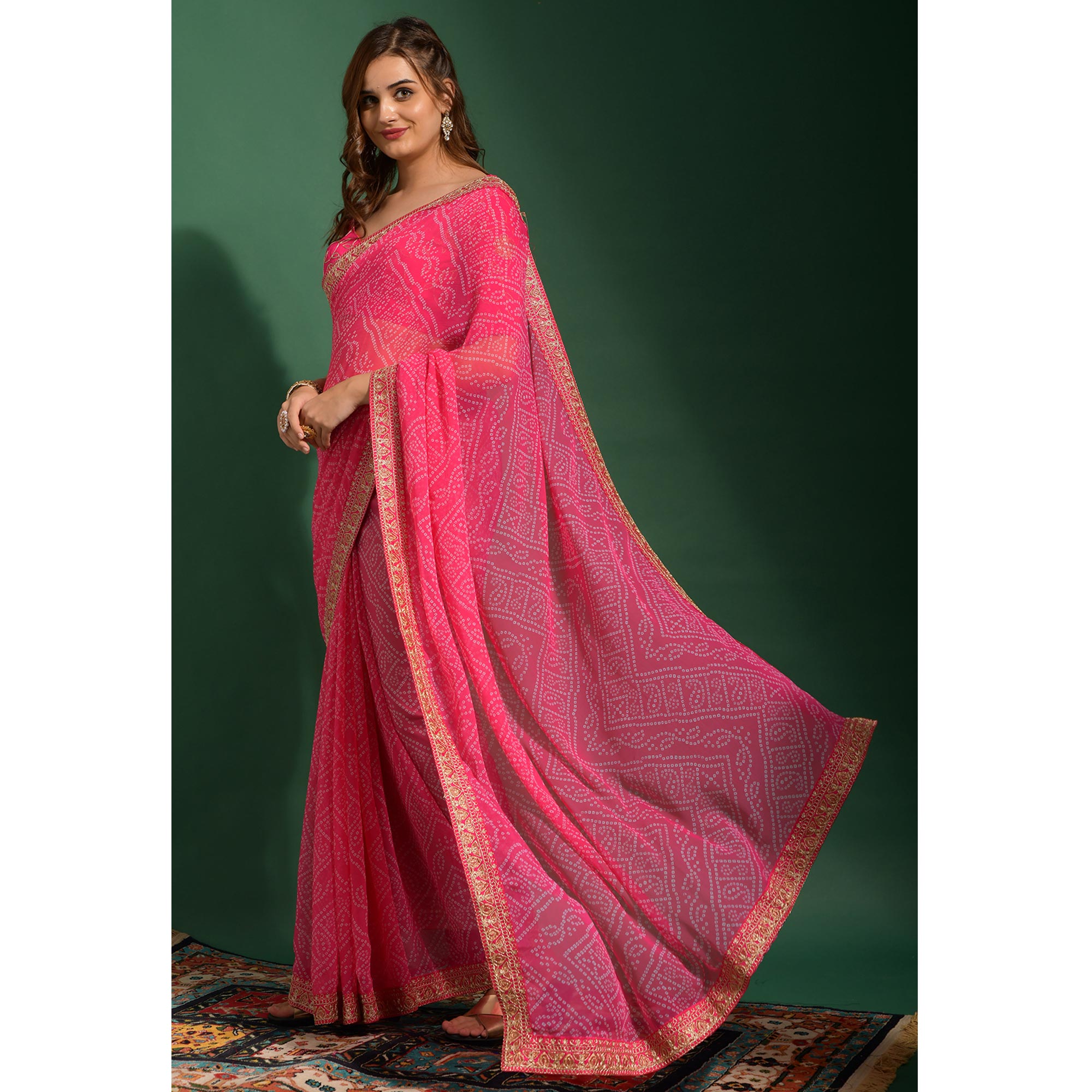 Pink Bandhani Printed Georgette Saree With Embroidered Border