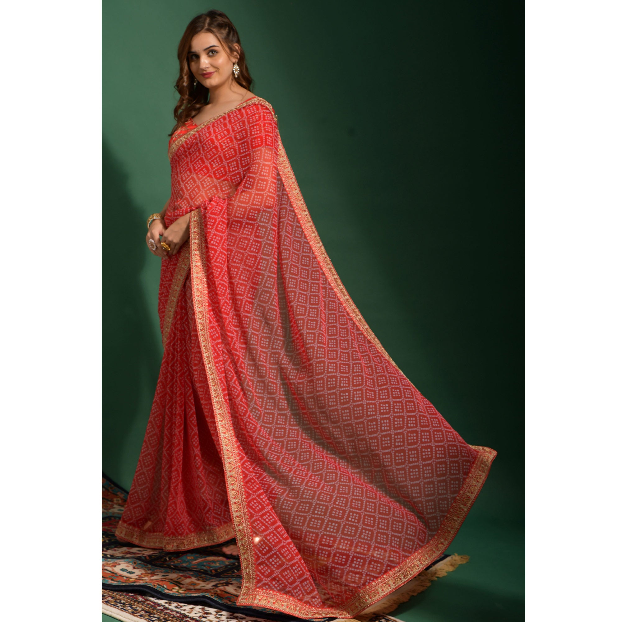 Red Bandhani Printed Georgette Saree With Embroidered Border