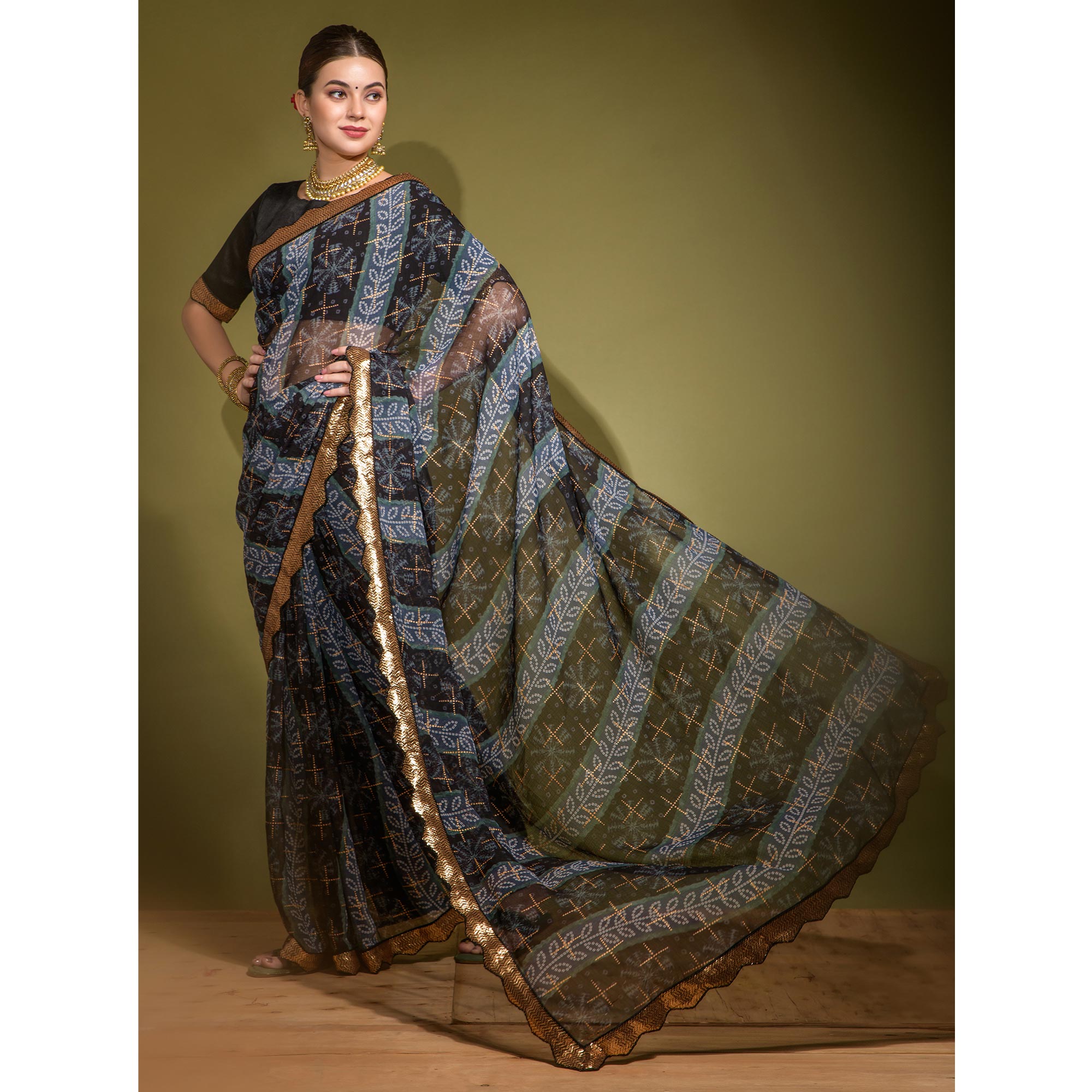 Black Bandhani Foil Printed Georgette Saree With Embroidered Border