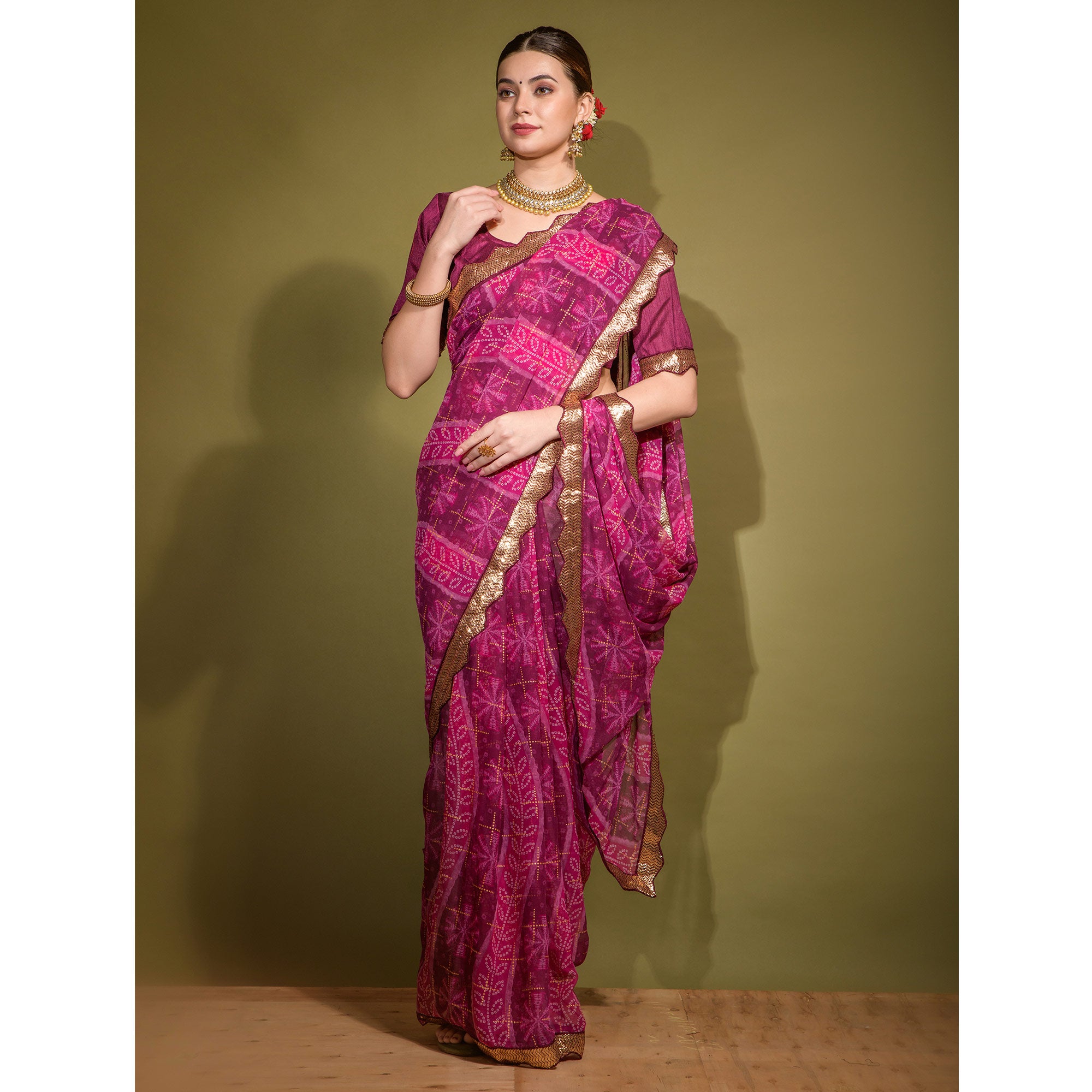 Pink Bandhani Foil Printed Georgette Saree With Embroidered Border