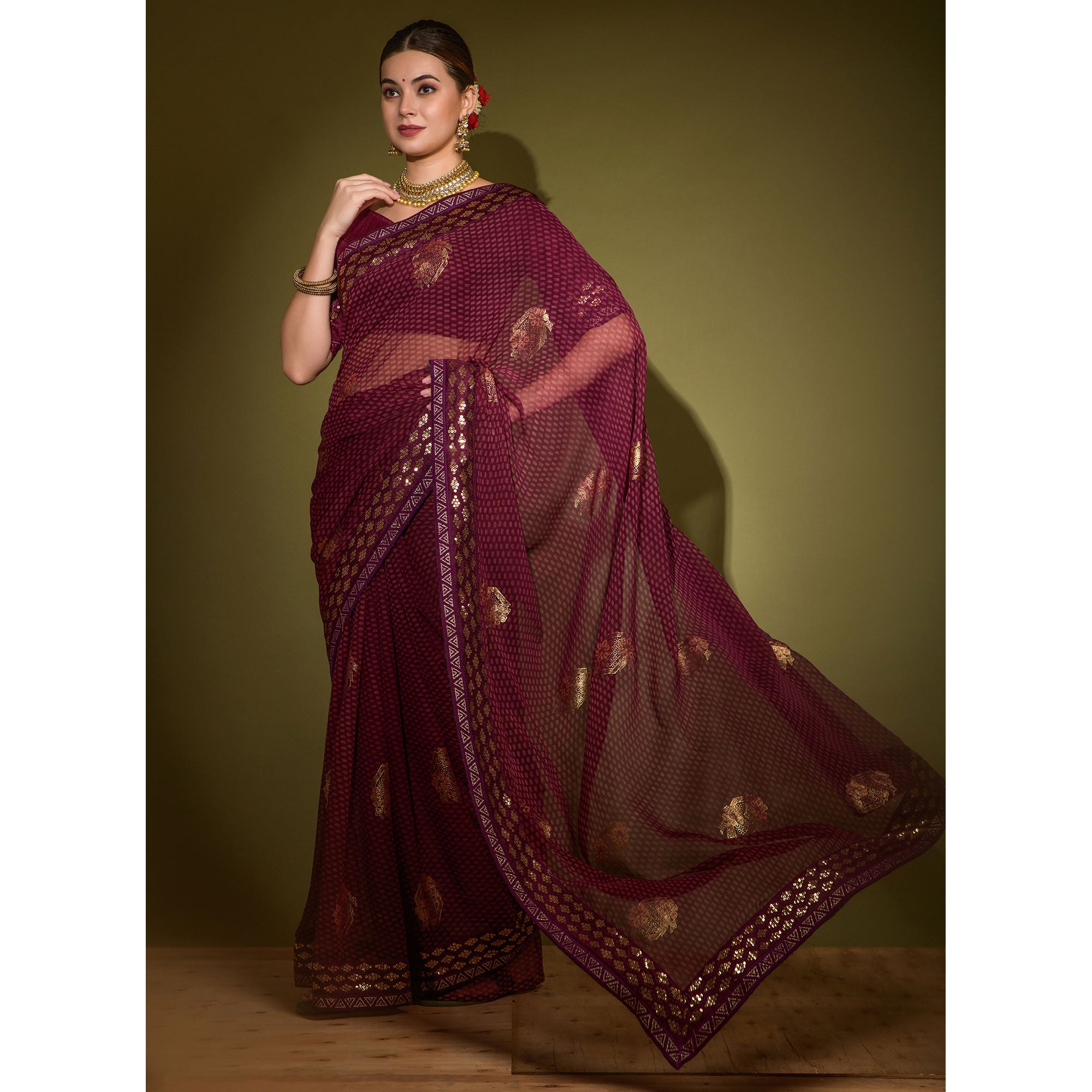 Wine Foil Printed Georgette Saree