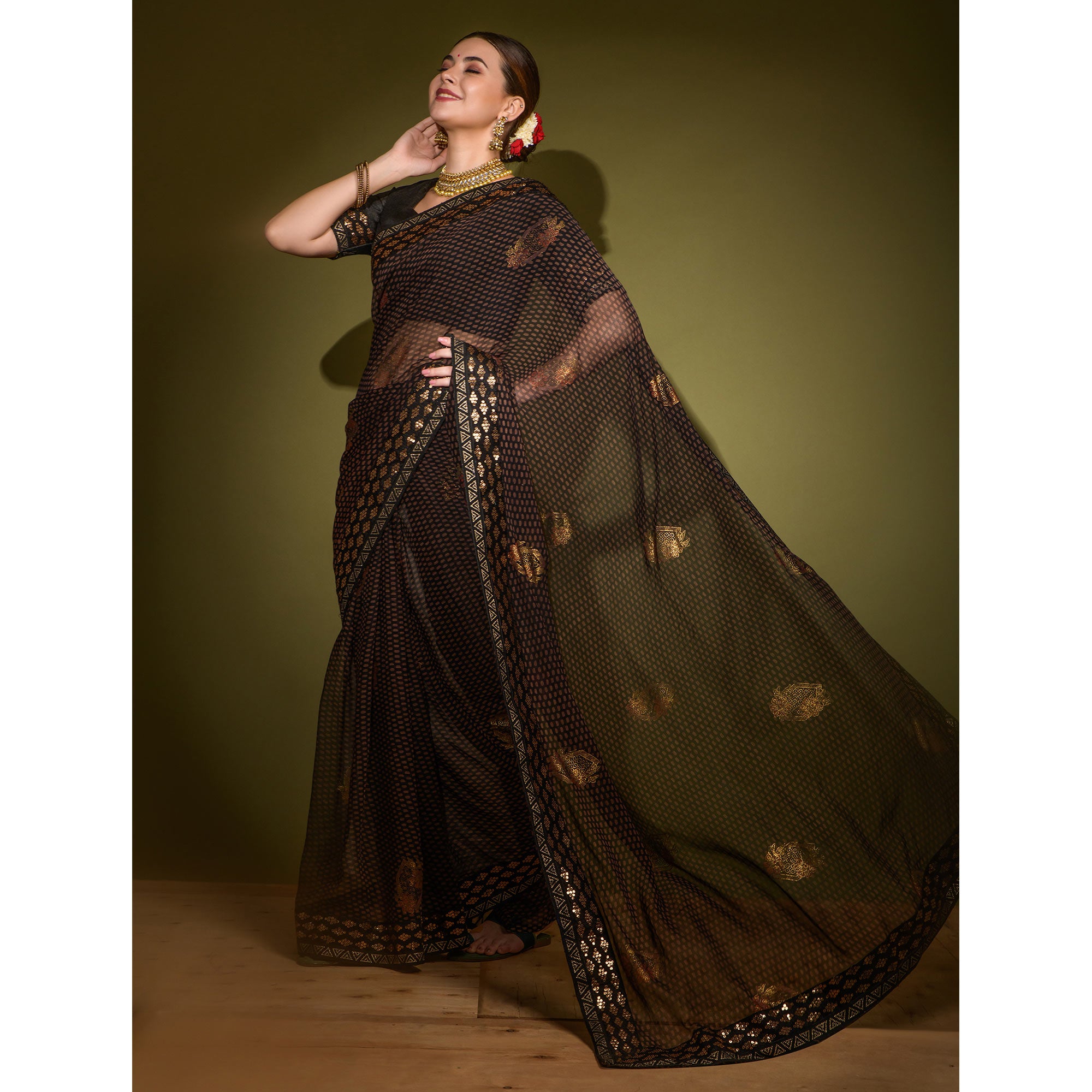 Black Foil Printed Georgette Saree