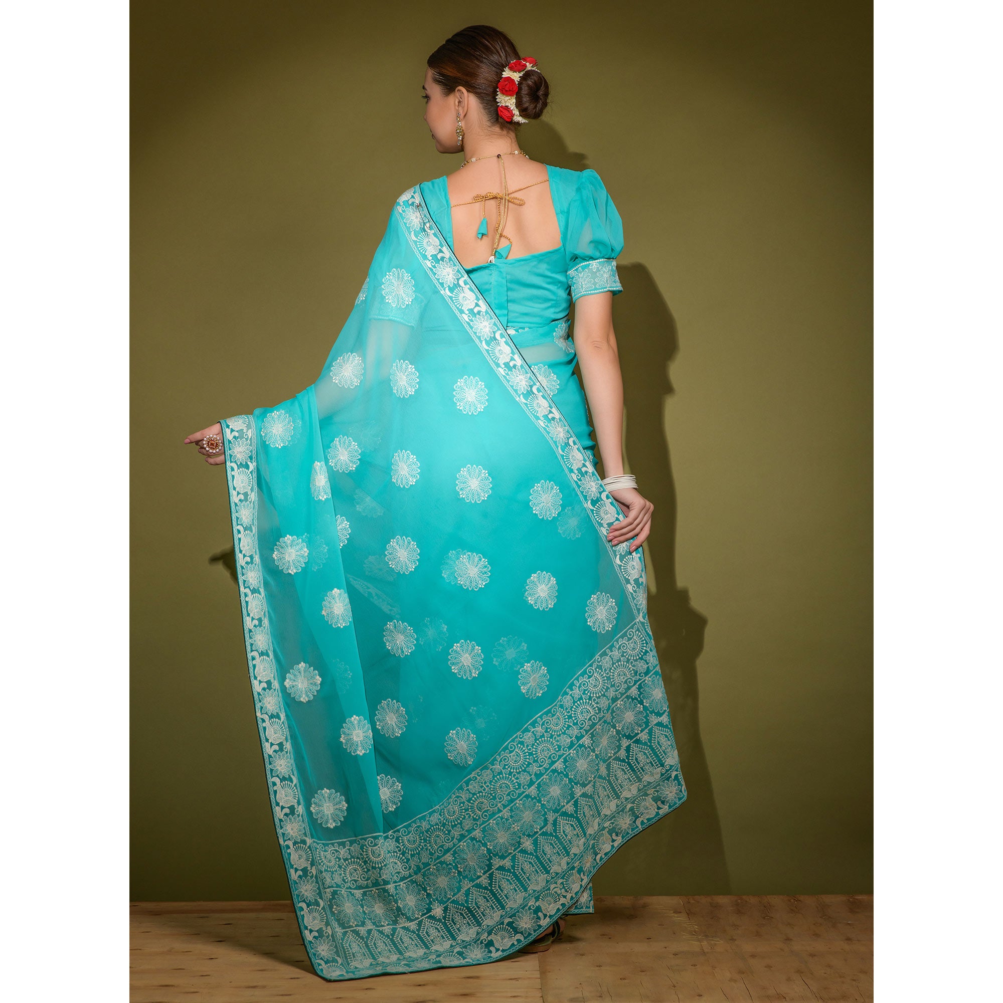 Sky Blue Floral Embroidered Georgette Saree