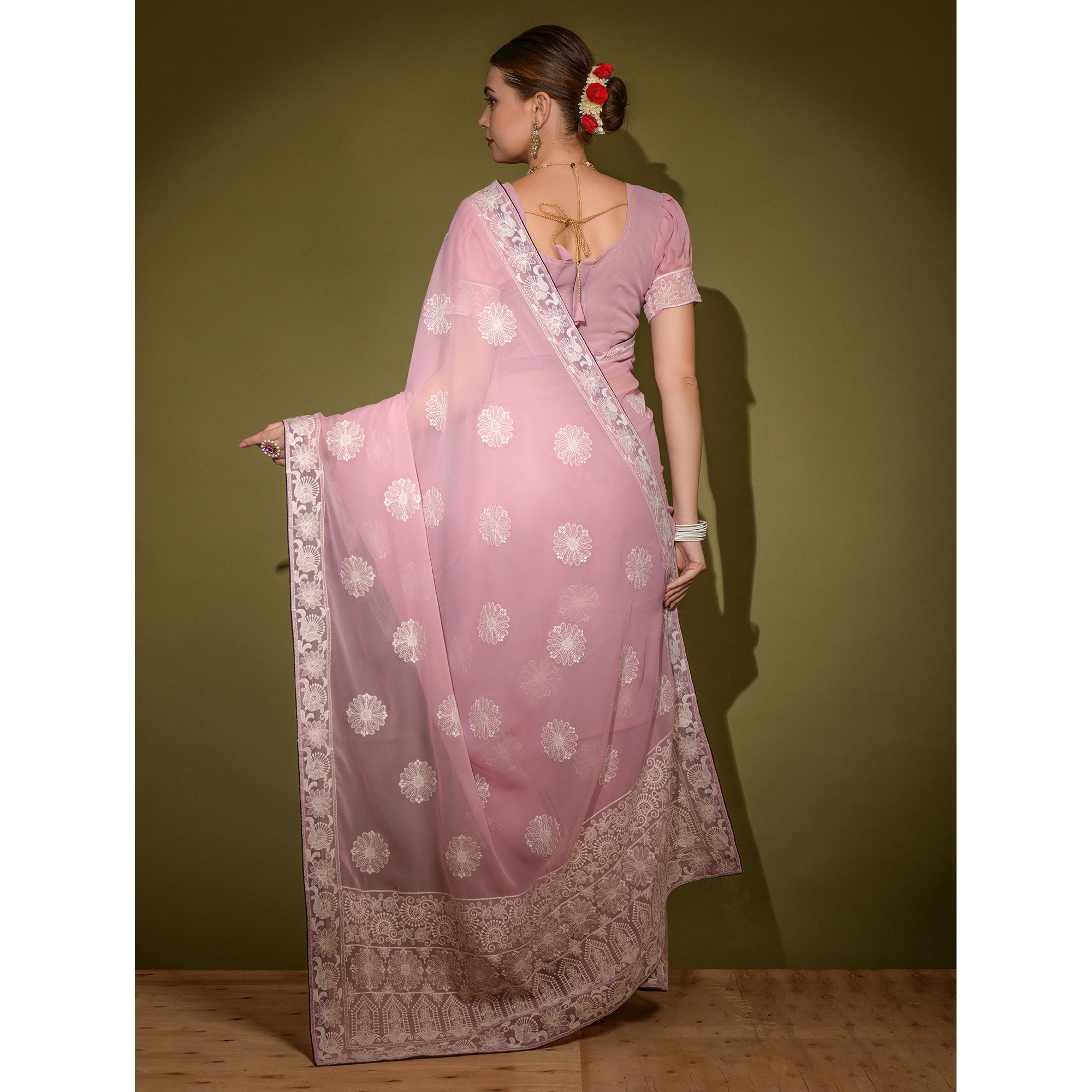 Pink Floral Embroidered Georgette Saree