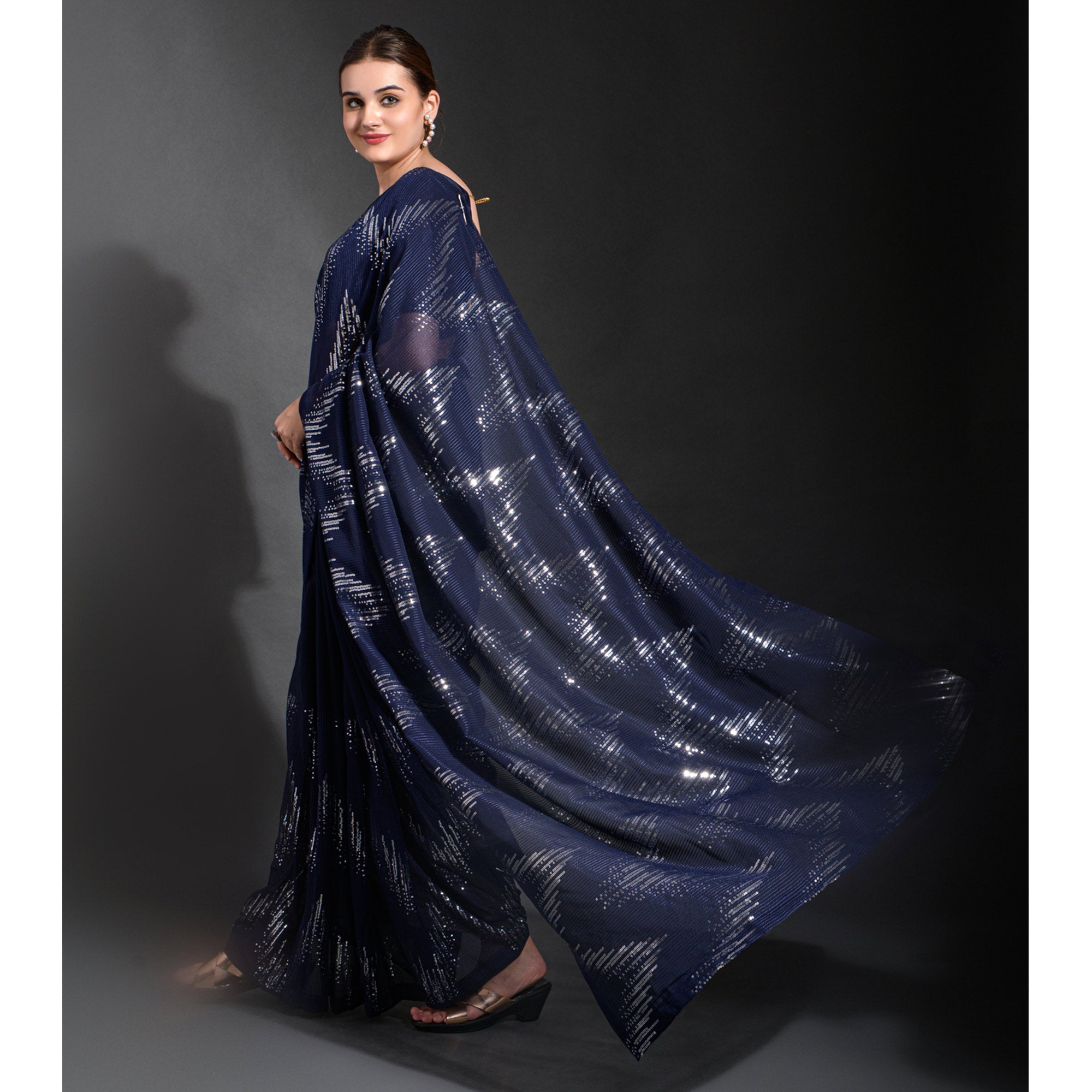 Navy Blue Sequins Embroidered Georgette Saree