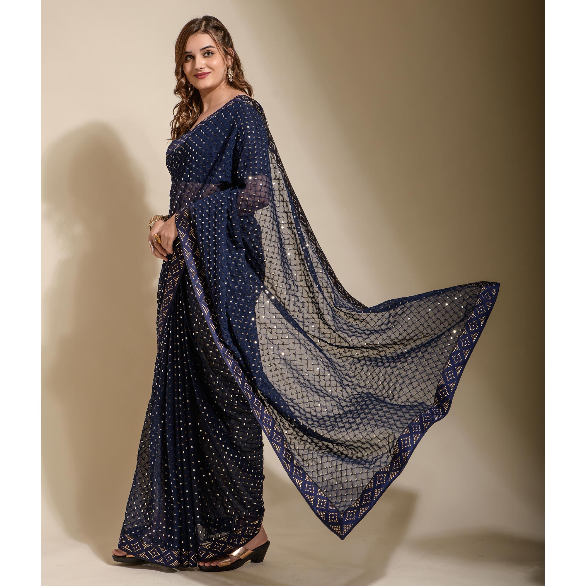 Navy Blue Sequins Embroidered Georgette Saree