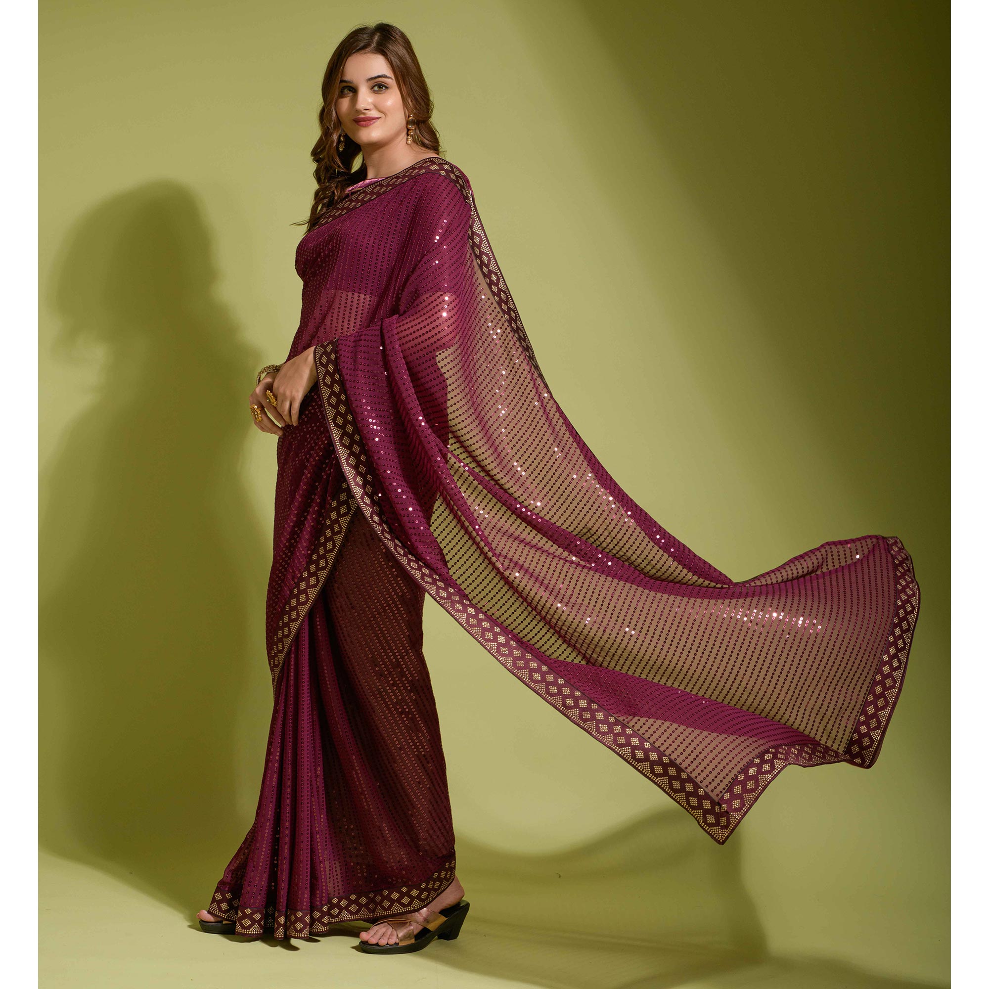 Wine Sequins Embroidered Georgette Saree