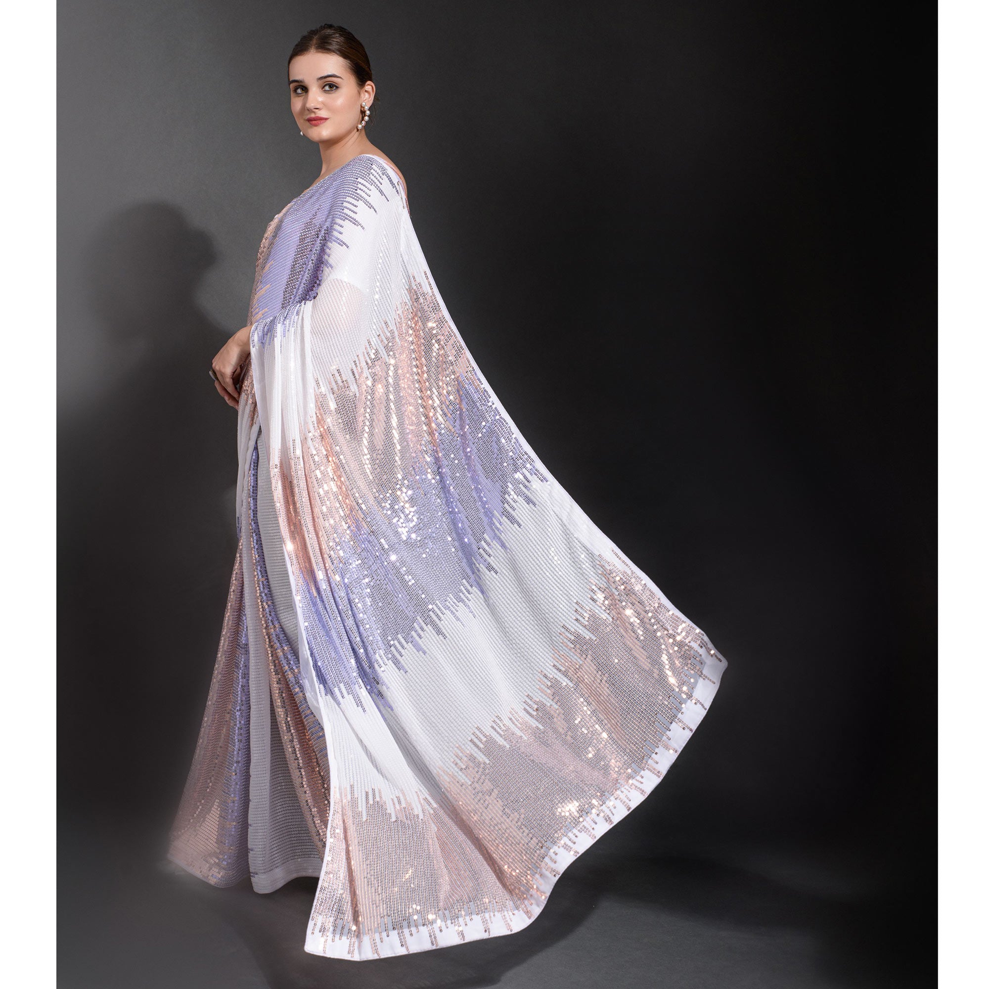 White & Purple Sequins Embroidered Georgette Saree