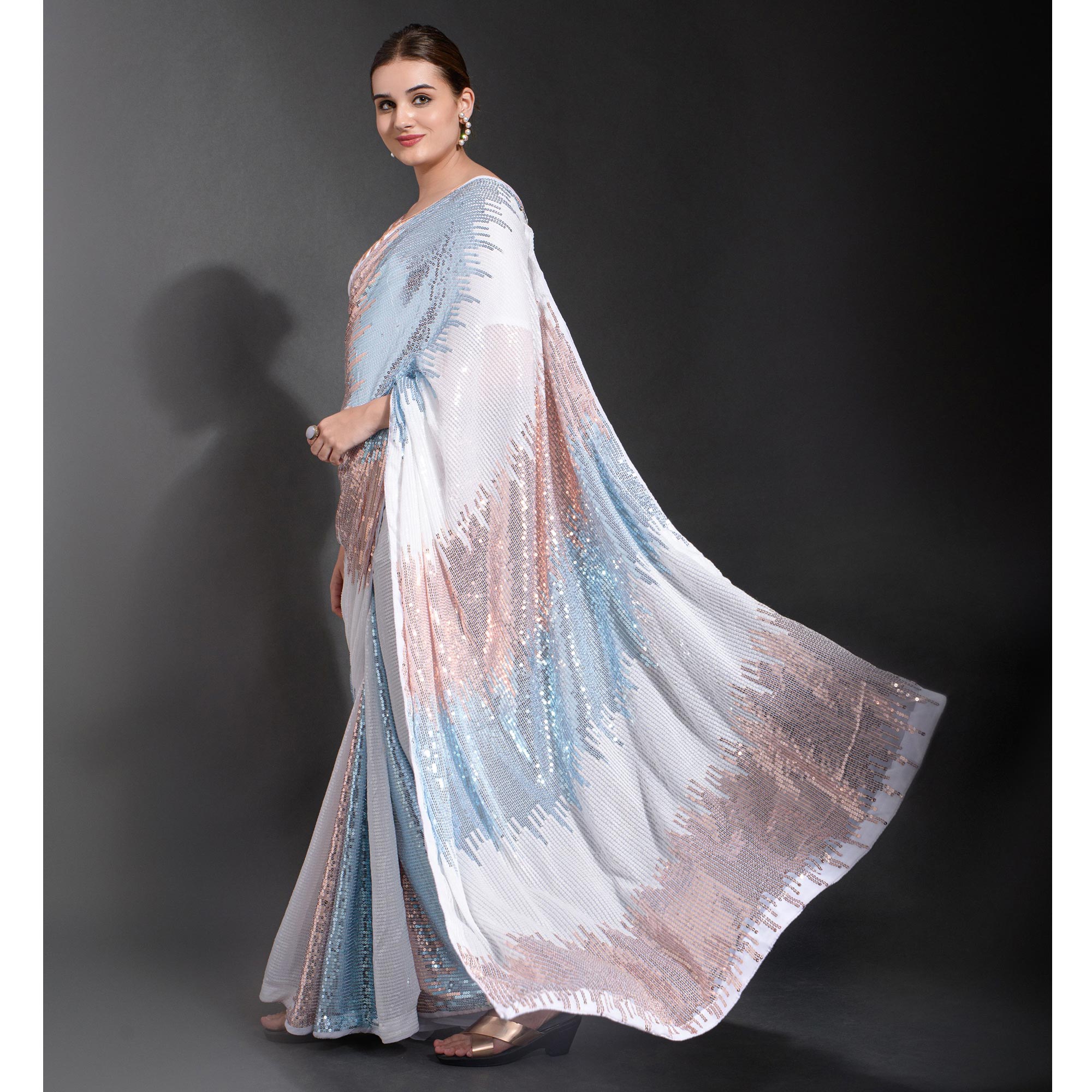 White & Sky Blue Sequins Embroidered Georgette Saree