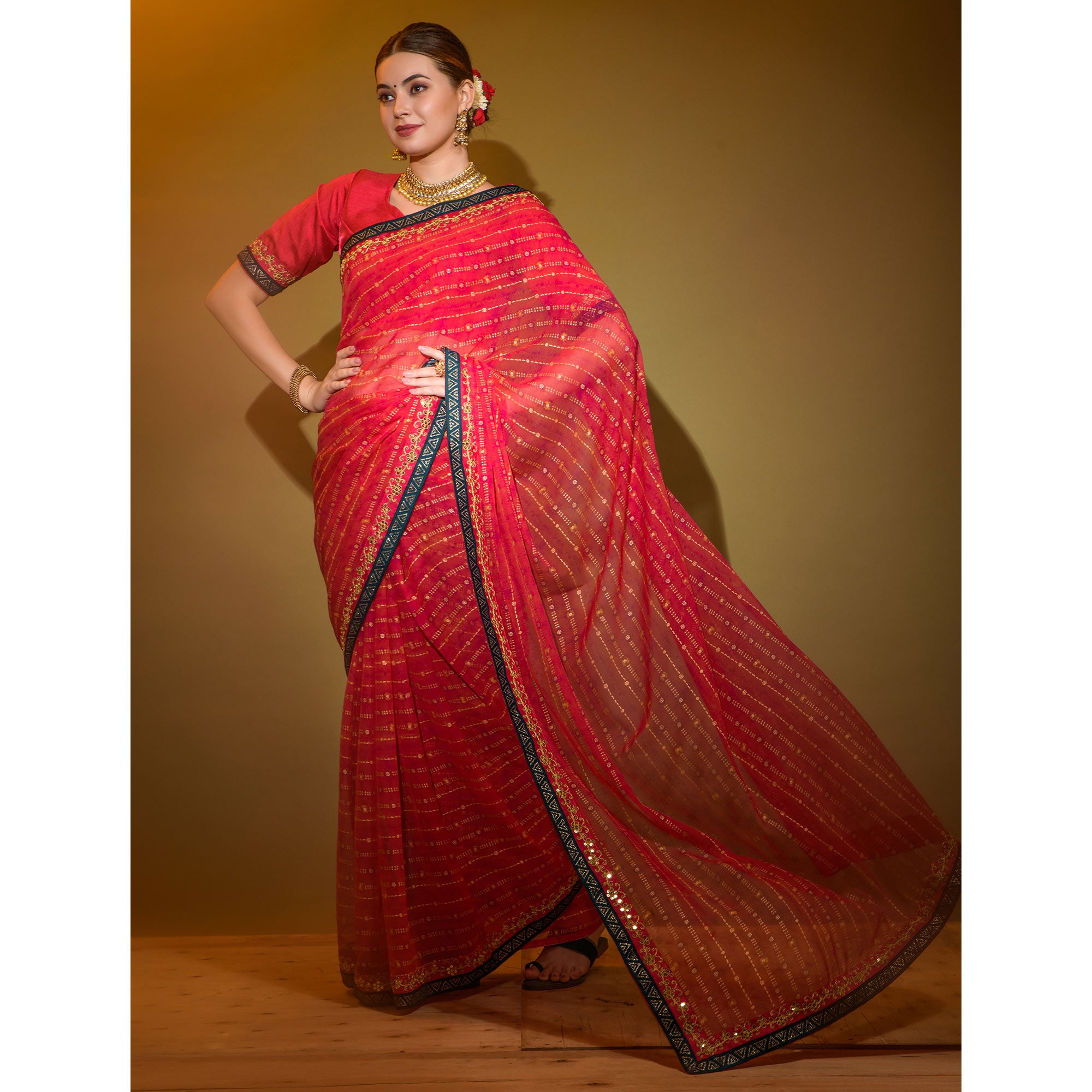 Red Foil Printed Georgette Saree With Embroidered Border