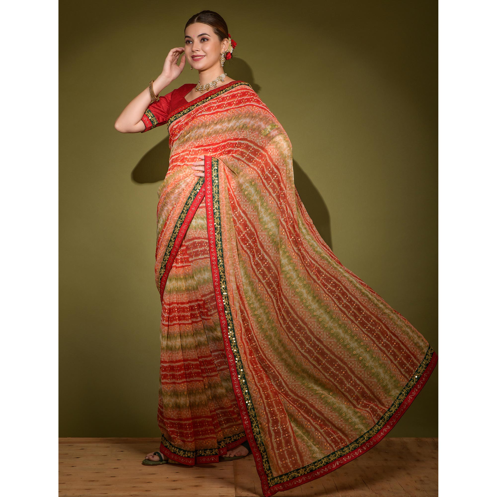 Red Leheriya Printed Georgette Saree With Embroidered Border