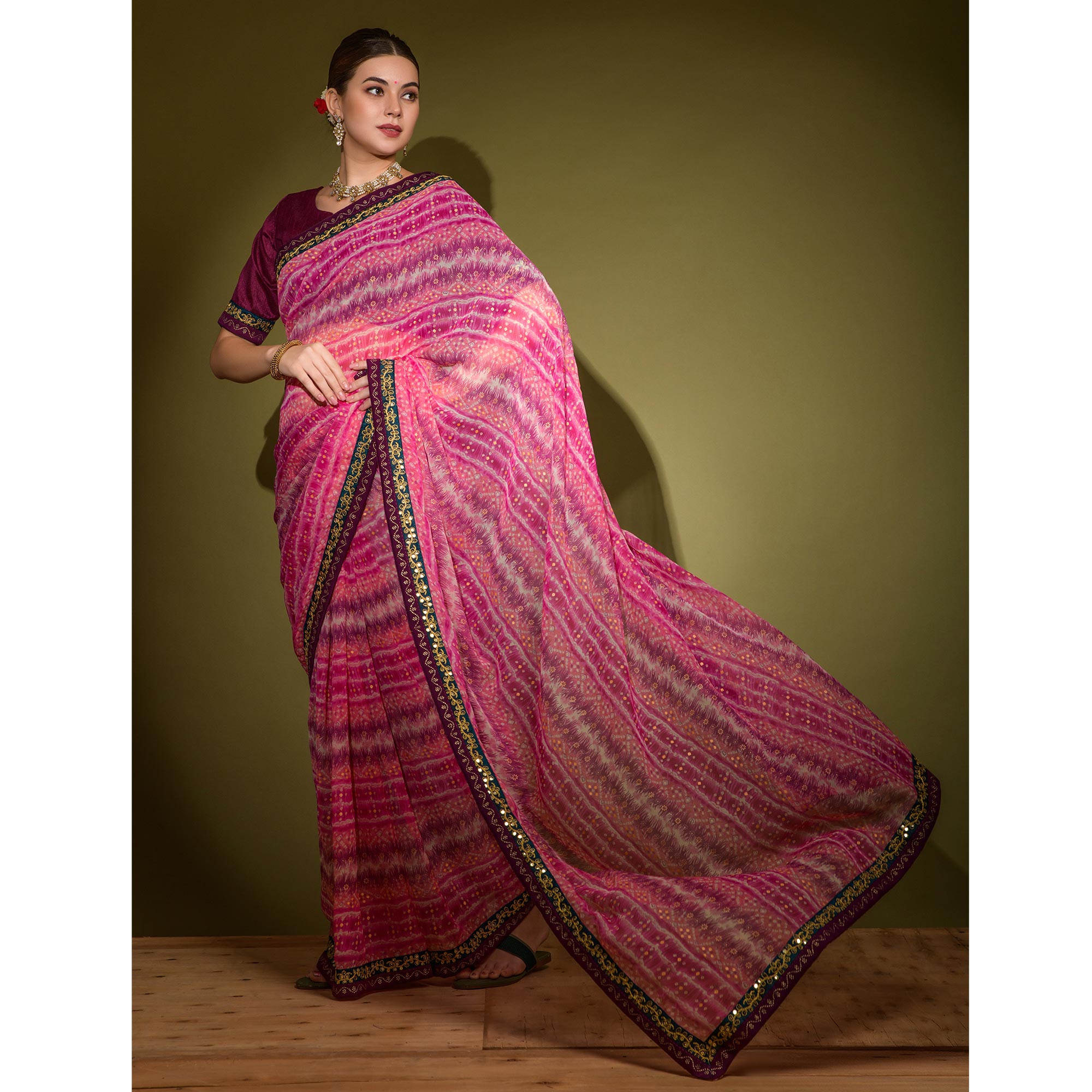 Pink Leheriya Printed Georgette Saree With Embroidered Border