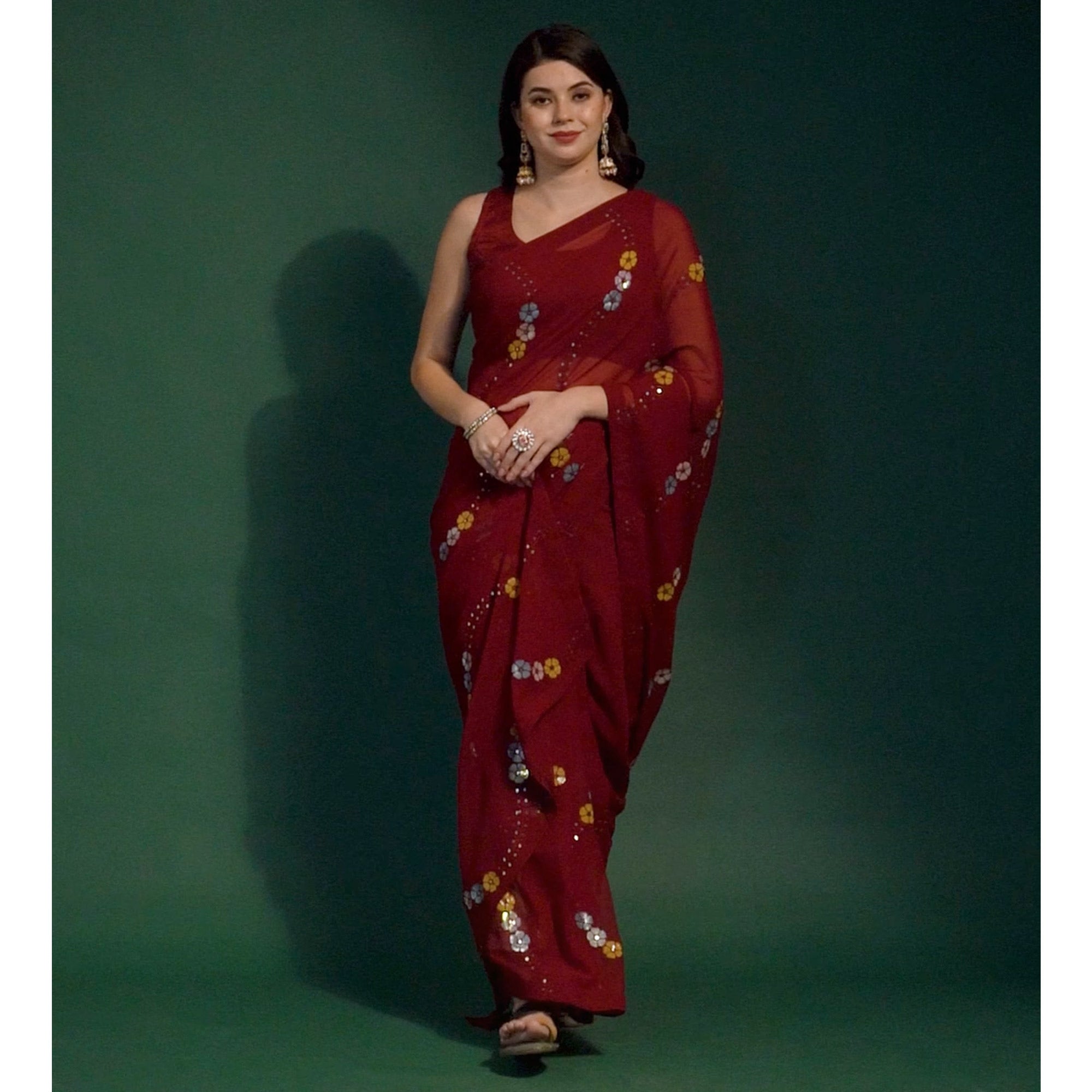 Maroon Sequins Embroidered Georgette Saree