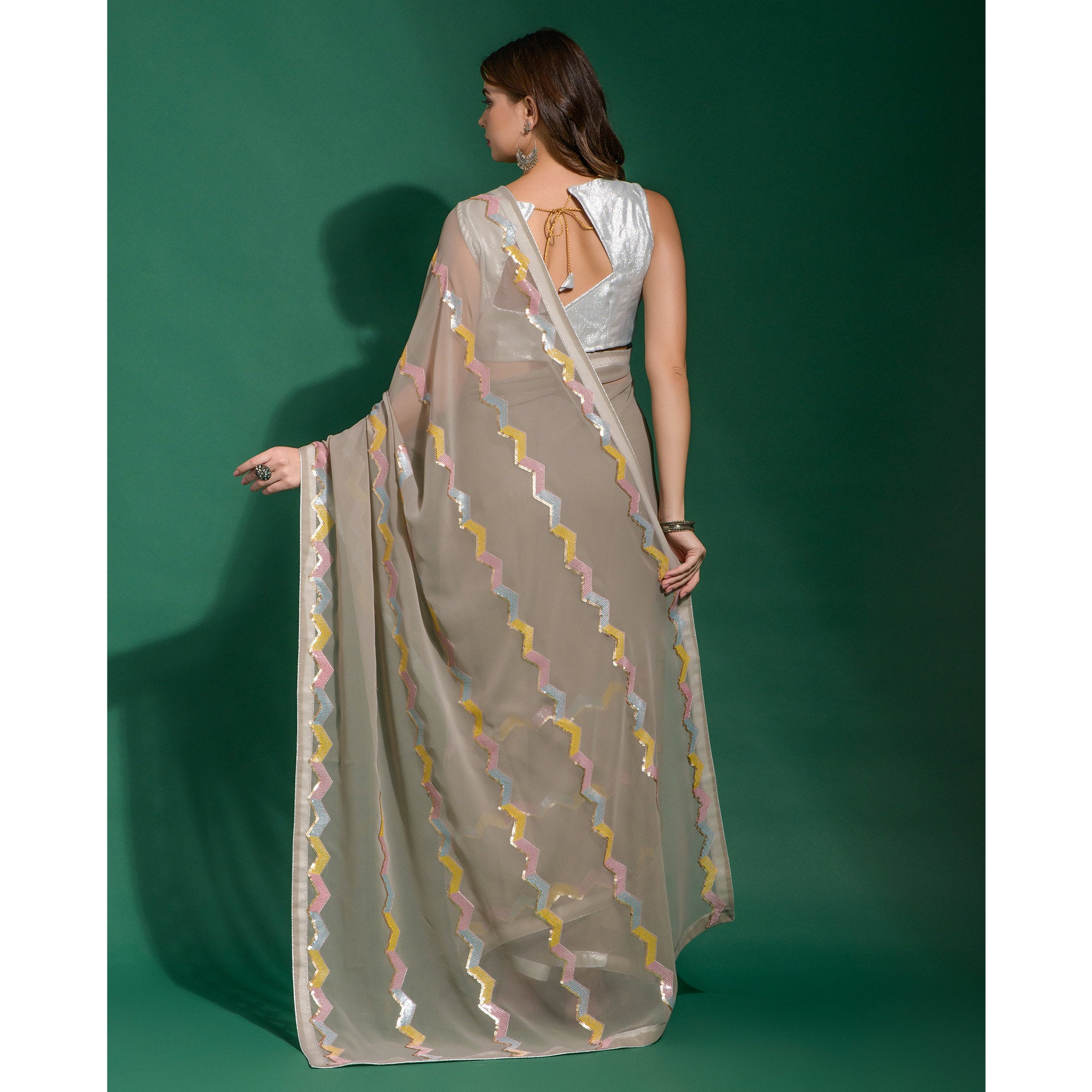 Grey Sequins Embroidered Georgette Saree