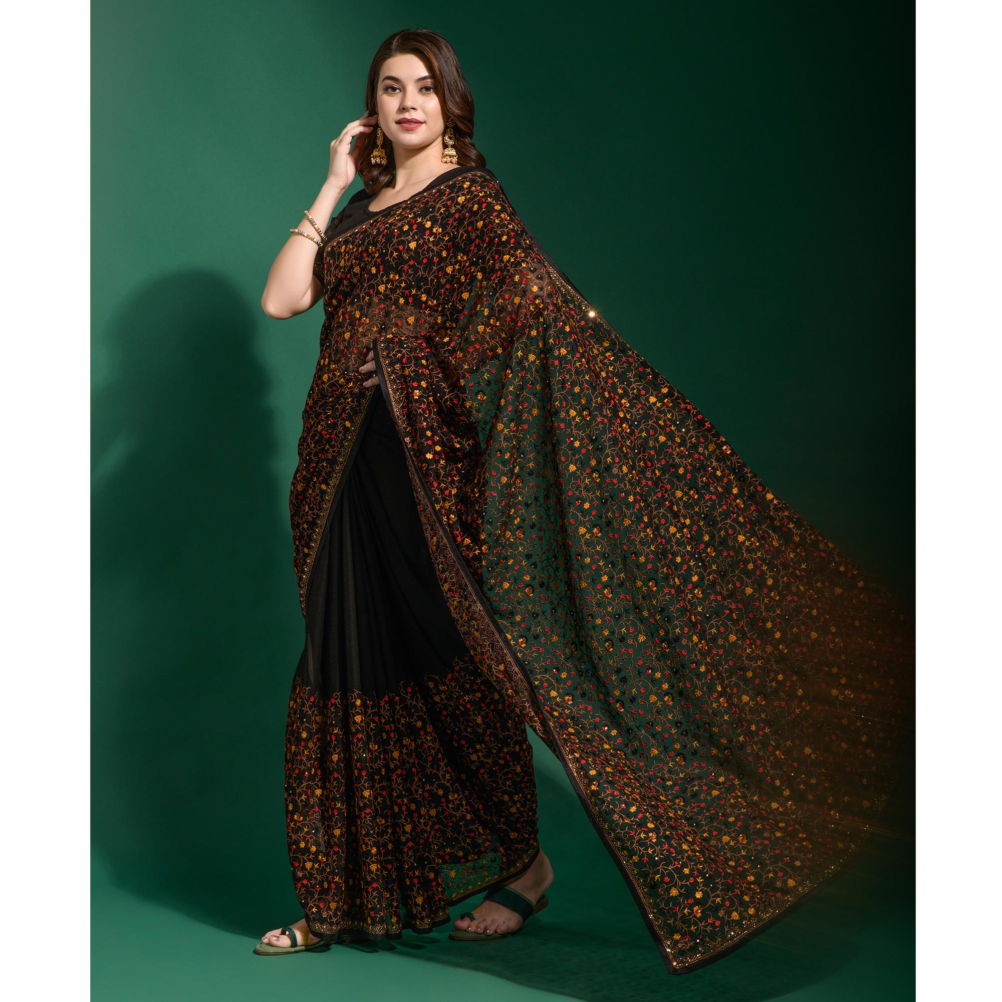 Black Floral Embroidered Georgette Saree