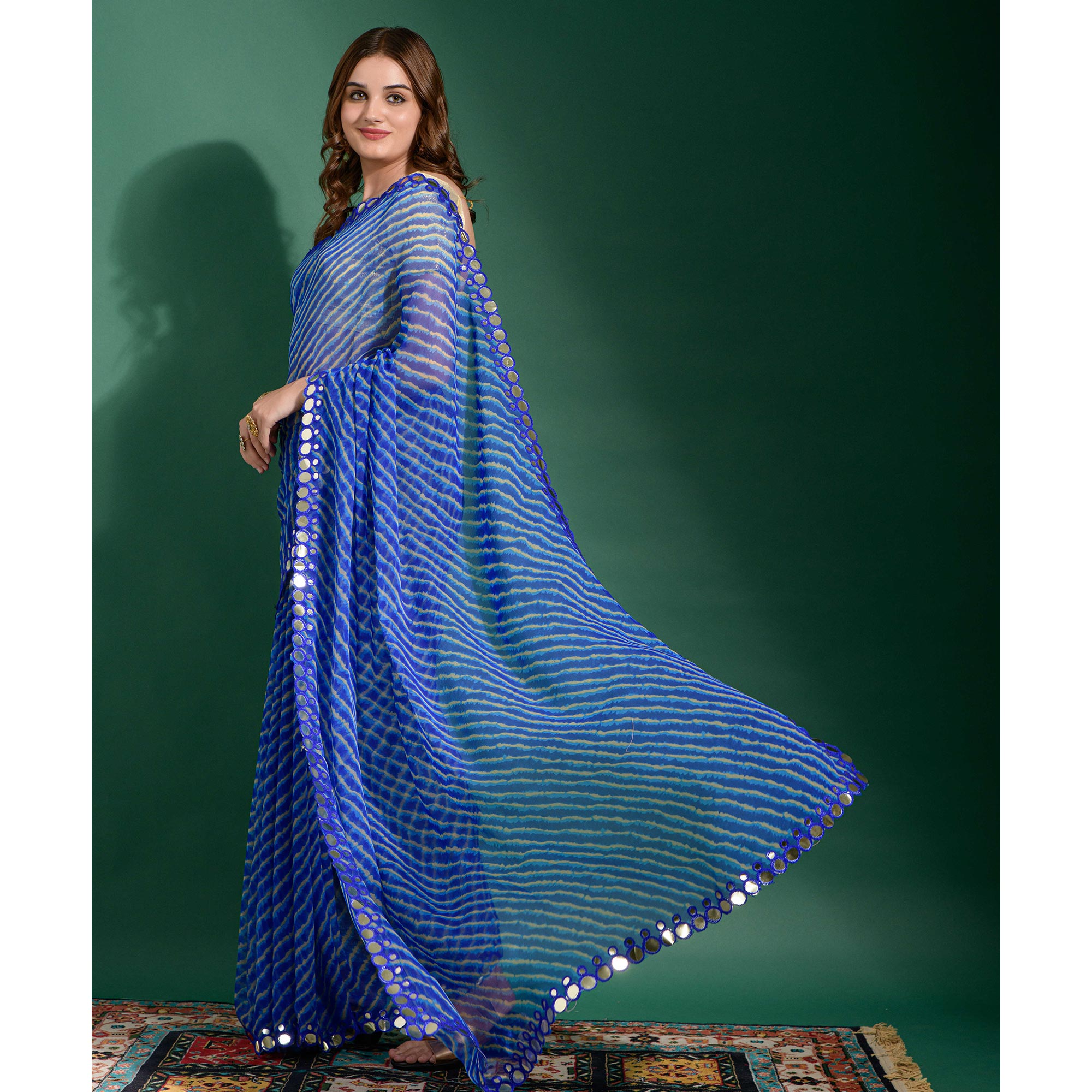 Blue Leheriya Printed With Embroidered Border Chiffon Saree