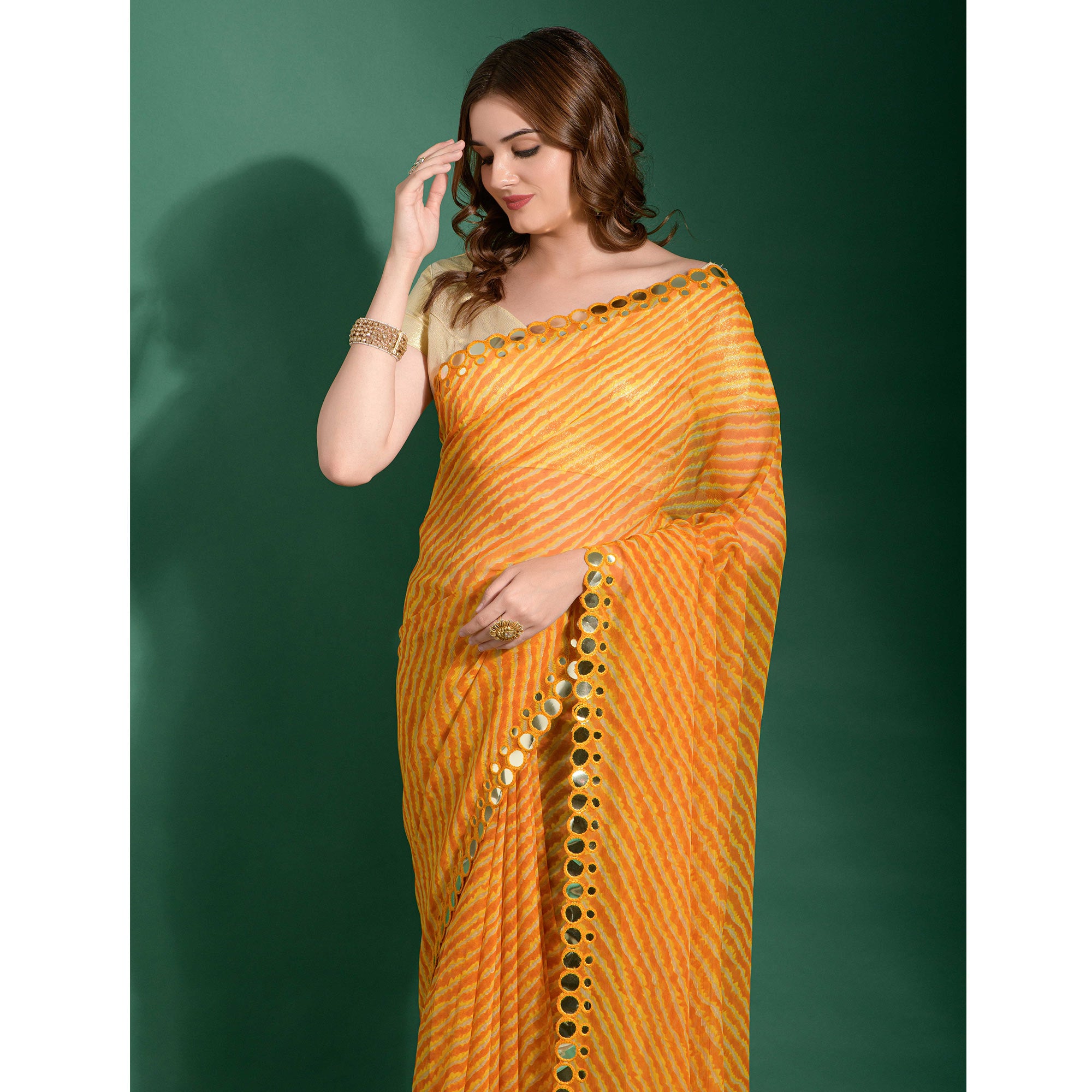 Yellow Leheriya Printed With Embroidered Border Chiffon Saree