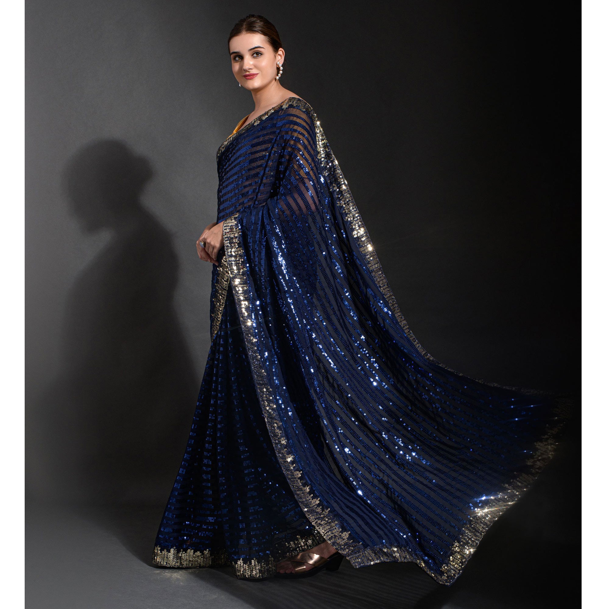 Navy Georgette Sequins Embroidered Saree