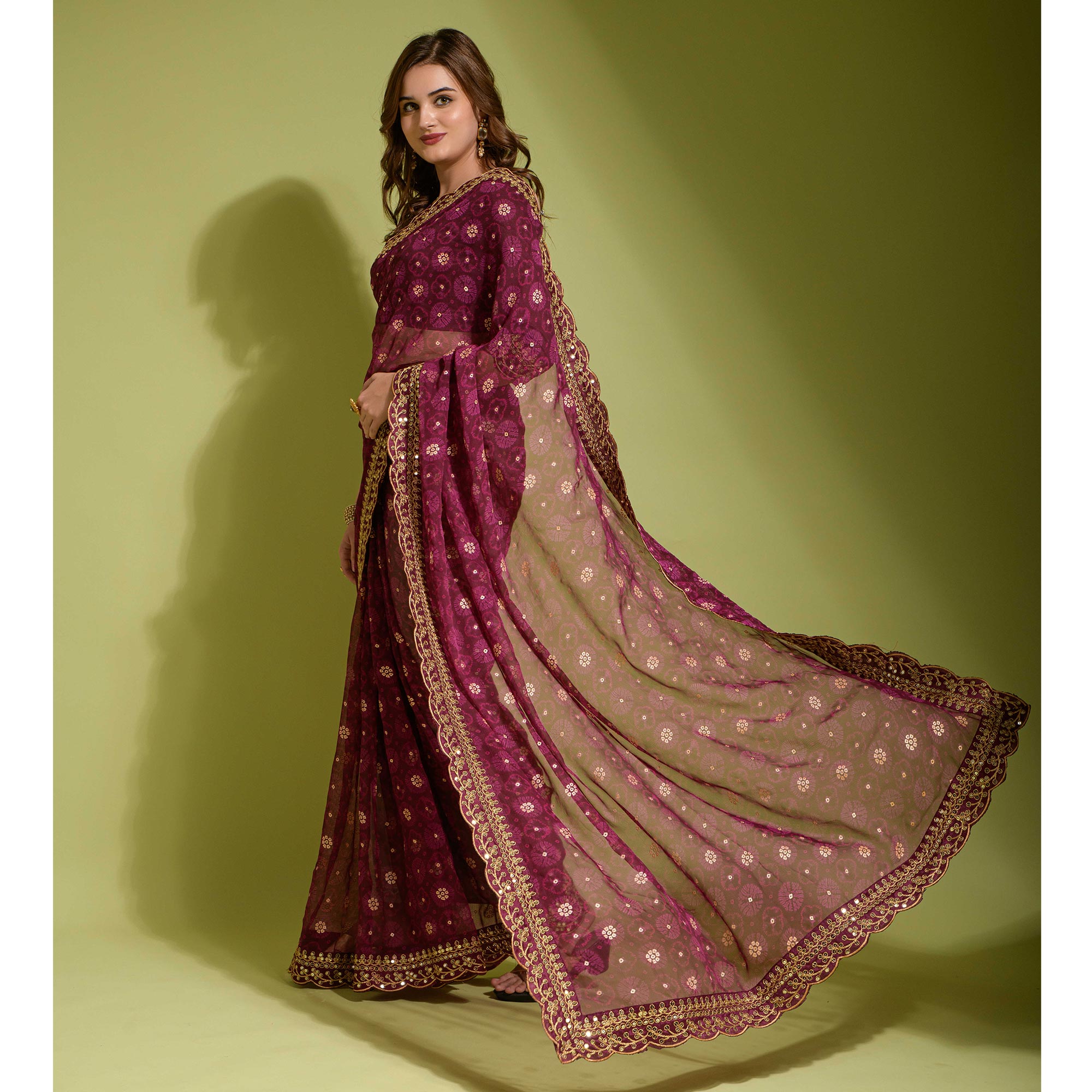 Wine Bandhani Foil Printed Georgette Saree With Embroidered Border