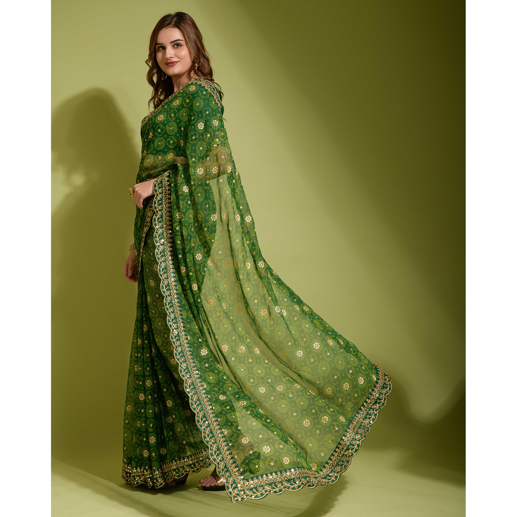 Green Bandhani Foil Printed Georgette Saree With Embroidered Border