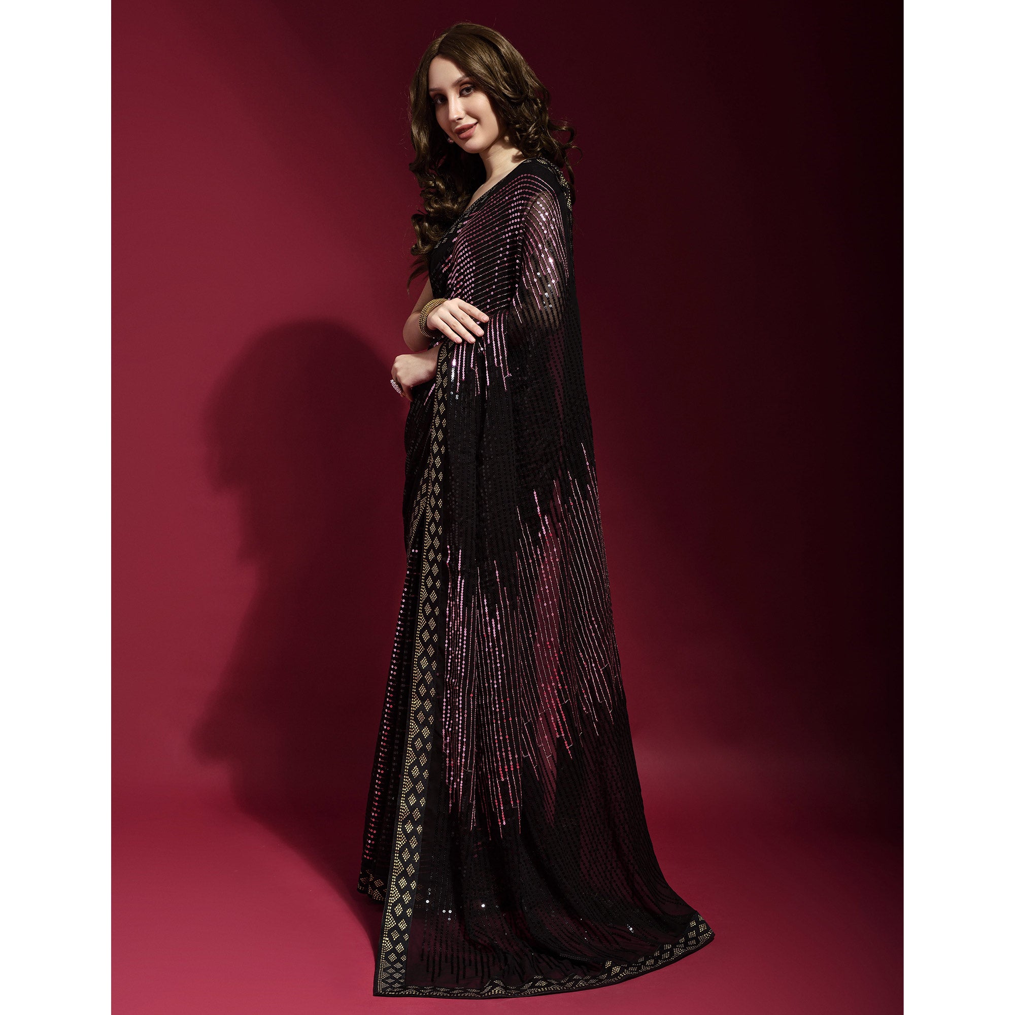 Black & Pink Sequins Embroidered Georgette Saree