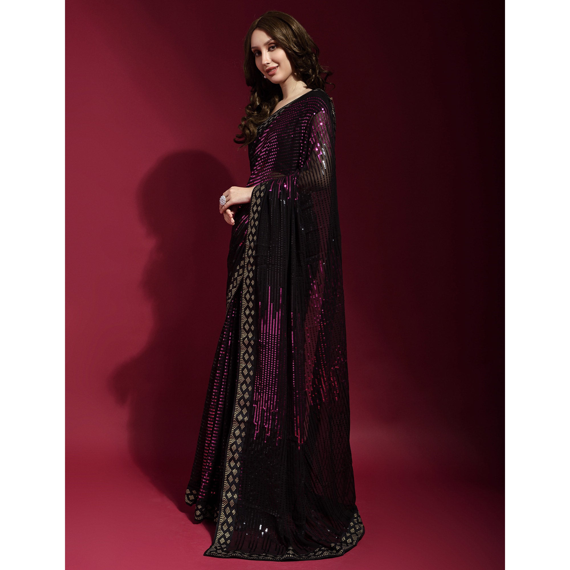 Black & Wine Sequins Embroidered Georgette Saree