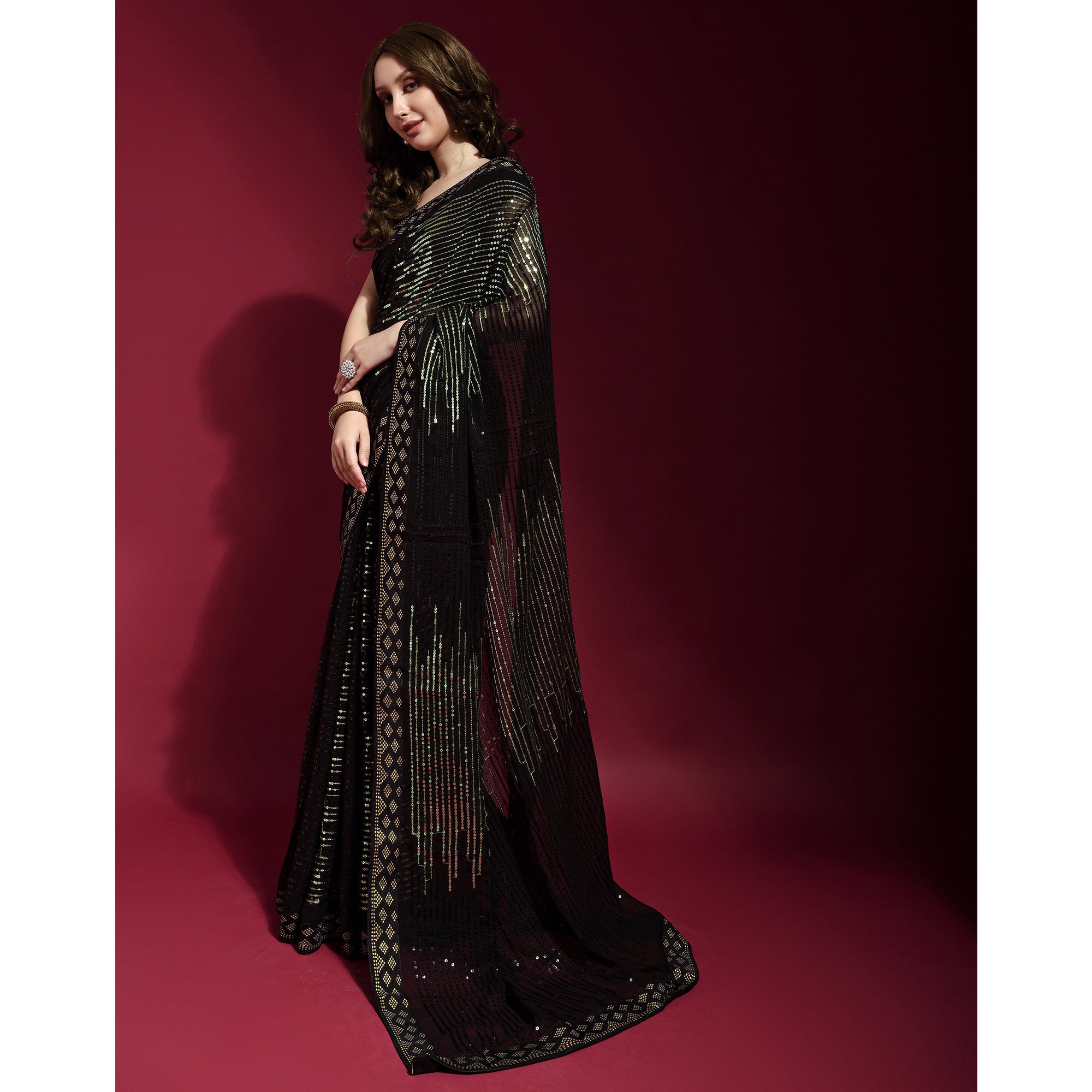 Black & Green Sequins Embroidered Georgette Saree