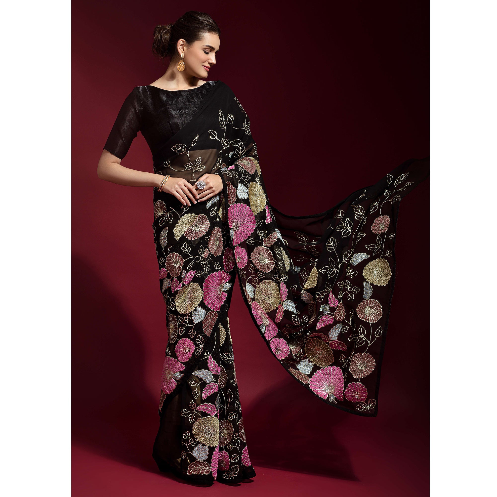 Black Floral Sequins Embroidered Georgette Saree