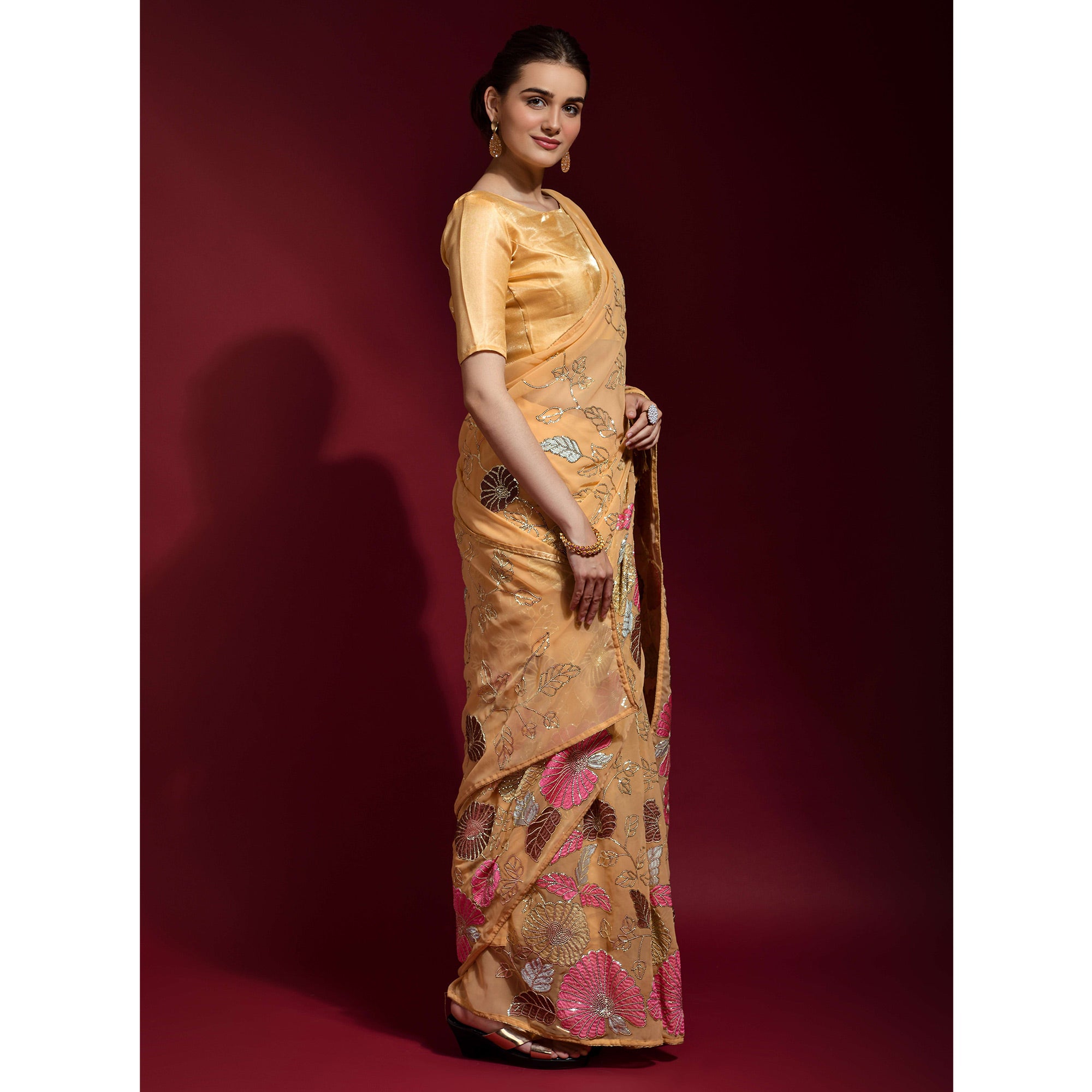 Orange Floral Sequins Embroidered Georgette Saree